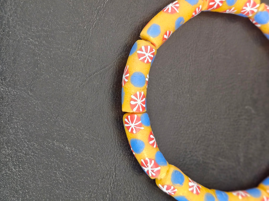 Golden Yellow Krobo Painted Glass Tube Beads with Royal Blue & Coral Red Floral Motifs | Handcrafted Recycled Glass from Ghana