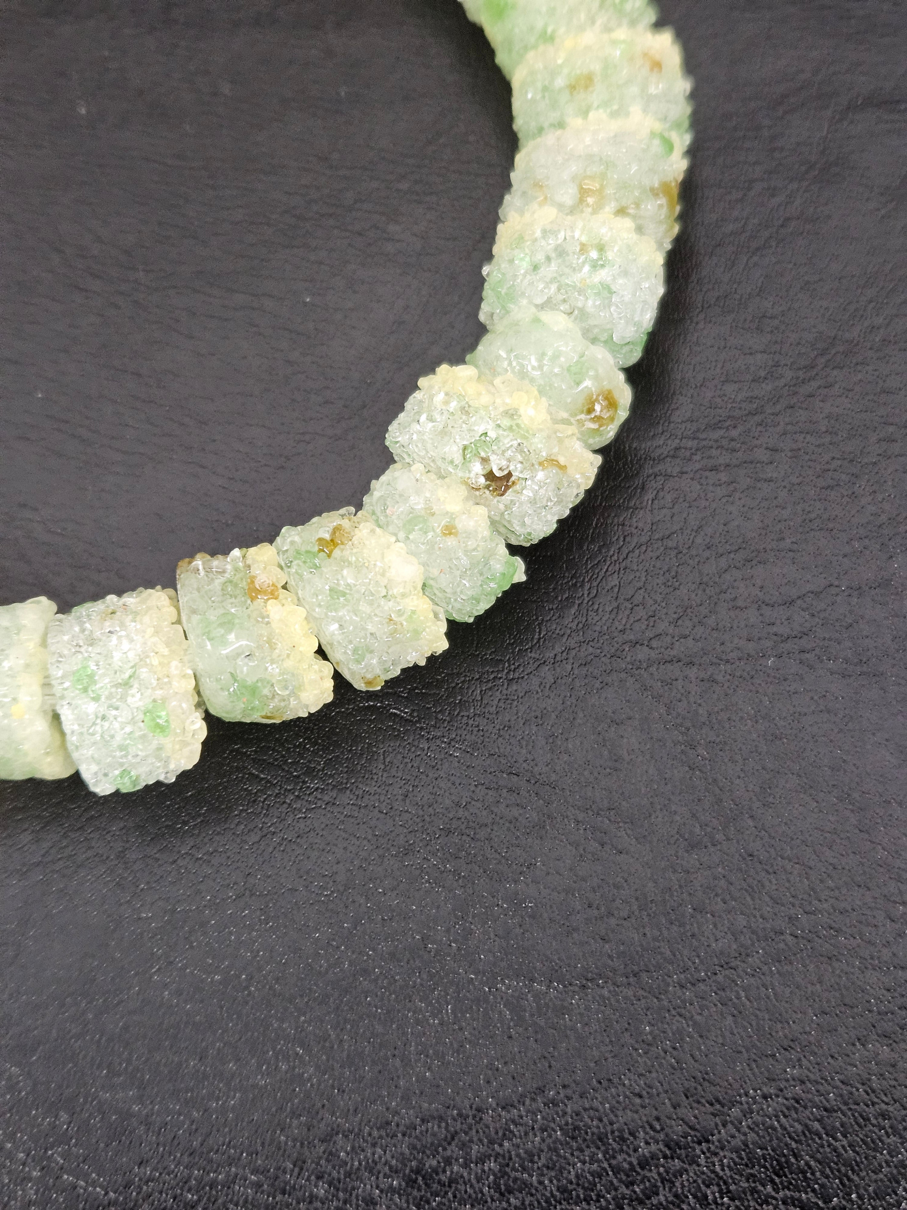 Green & Ivory Confetti Krobo Sugar Glass Short Tube Beads | Handcrafted Recycled Glass Beads from Ghana | Approx. 32 Beads Per Strand