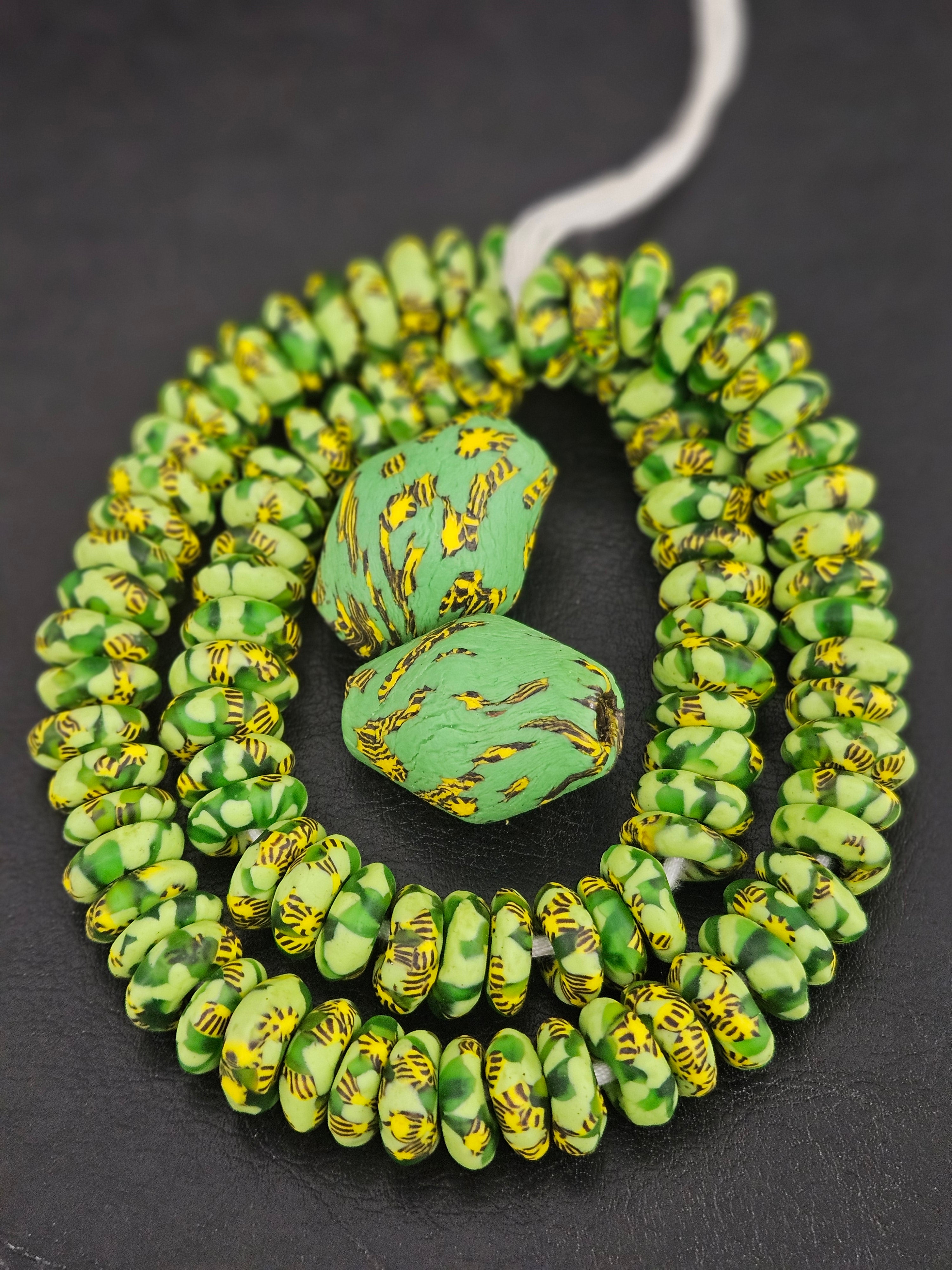 Green African Rondelle Beads Bundle – Krobo Glass + Bicone Focals