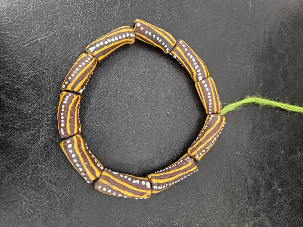 African Glass Beads – Painted Krobo Long Tubes, Brown & Gold