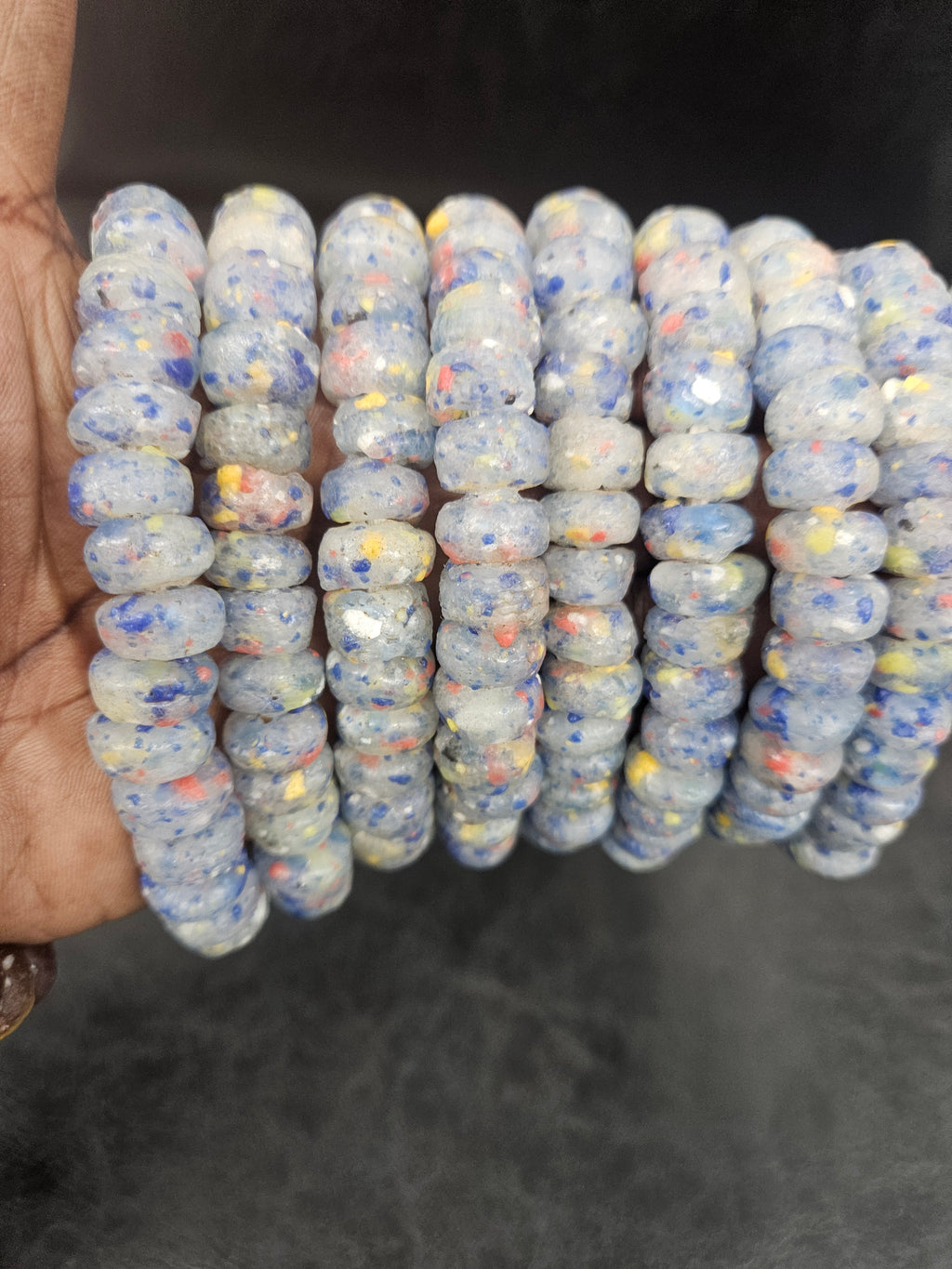 Blue Gray African Recycled Glass Short Tube Beads – Handmade Krobo Powder Glass Beads, 32–33 Beads