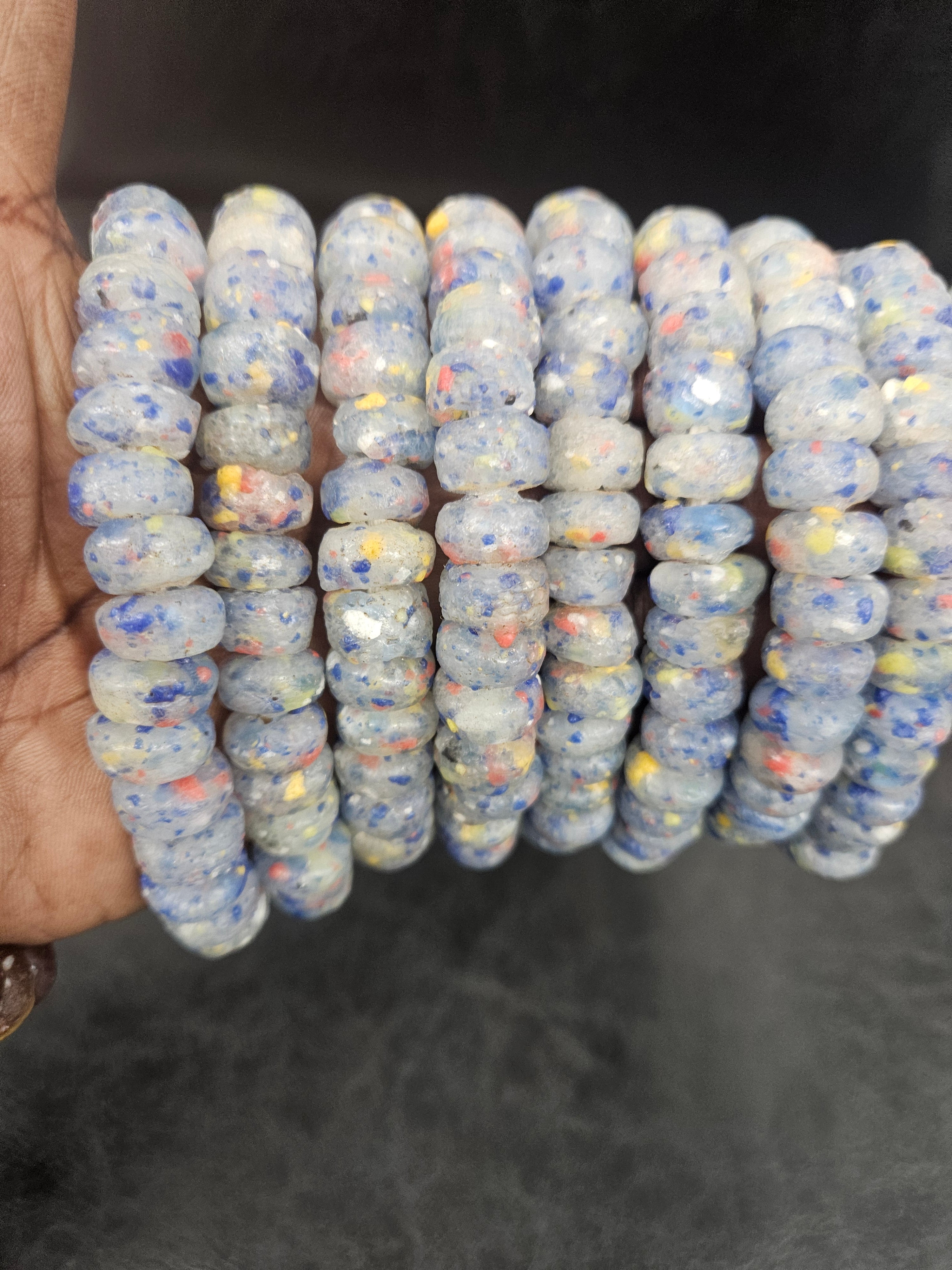 Blue Gray African Recycled Glass Short Tube Beads – Handmade Krobo Powder Glass Beads, 32–33 Beads