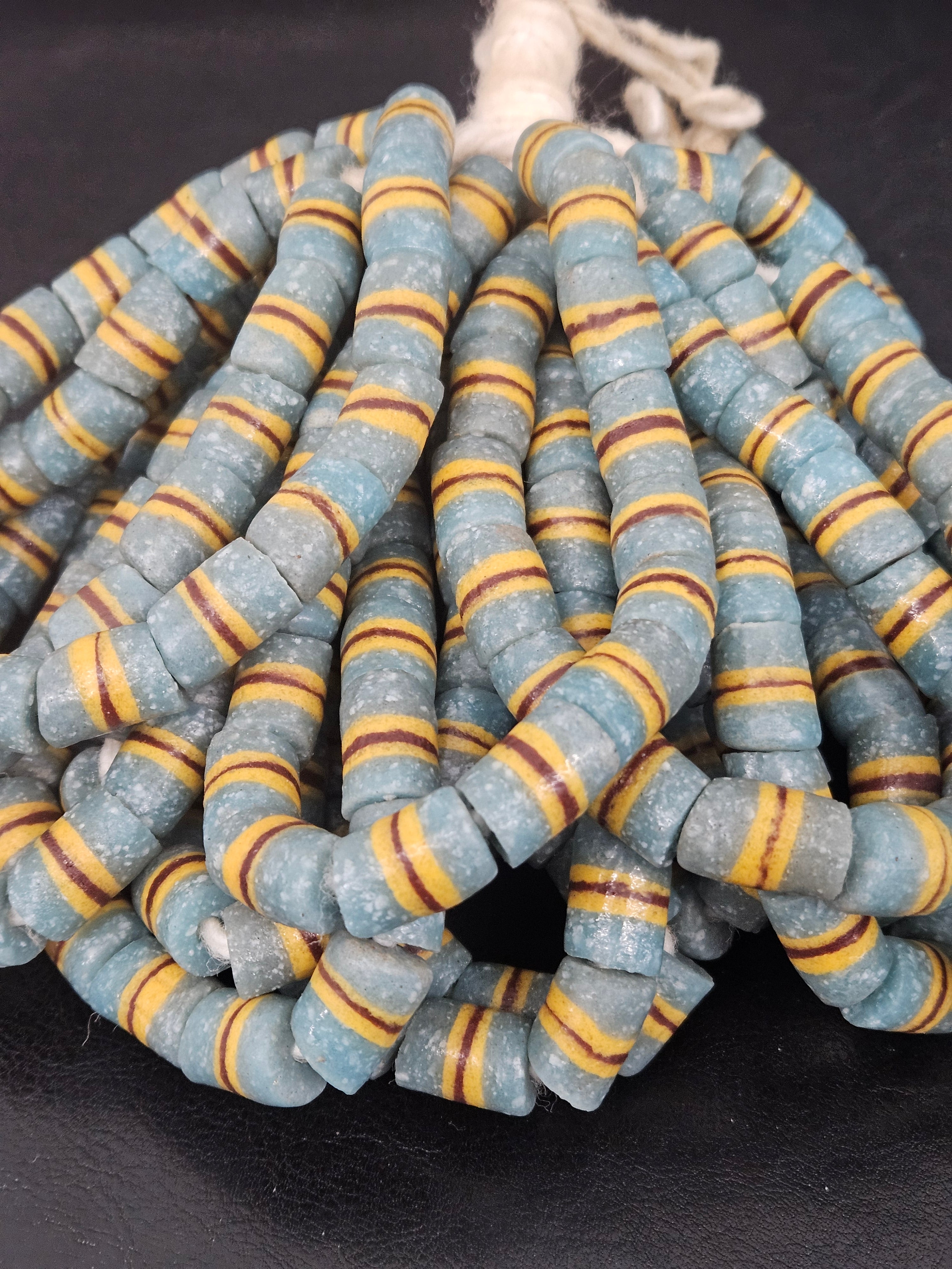Light Blue Striped Krobo Kente Glass Beads | Handcrafted Powdered Glass Beads from Ghana | Approx. 17 Beads