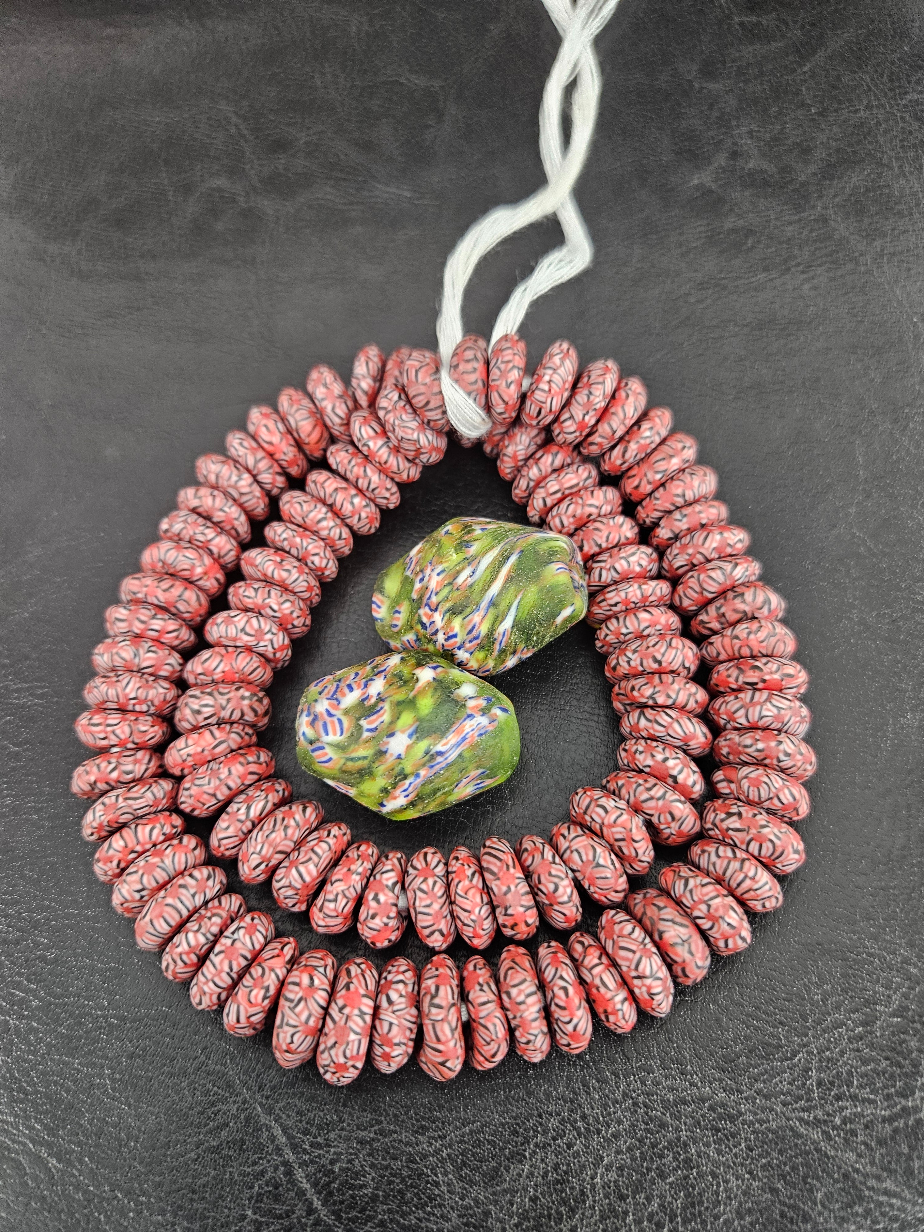 African Glass Bead Bundle – Coral Krobo Rondelles + Green Focal Beads