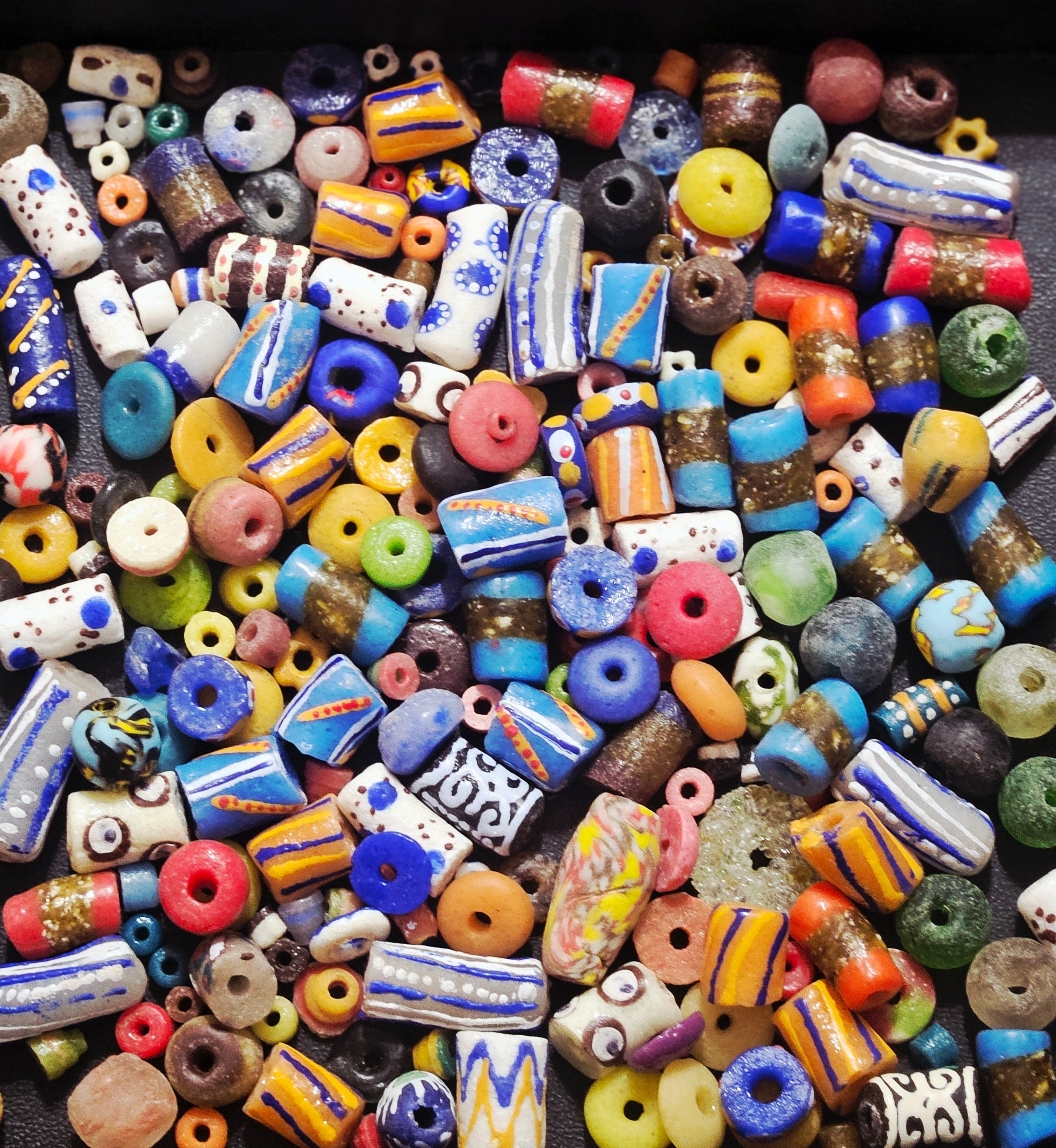 African Krobo Recycled Glass Beads Mix (Coastal Blue + Sun Yellow) — 1 Cup, 160+ Handmade Ghana Beads, 1lb | ABM255