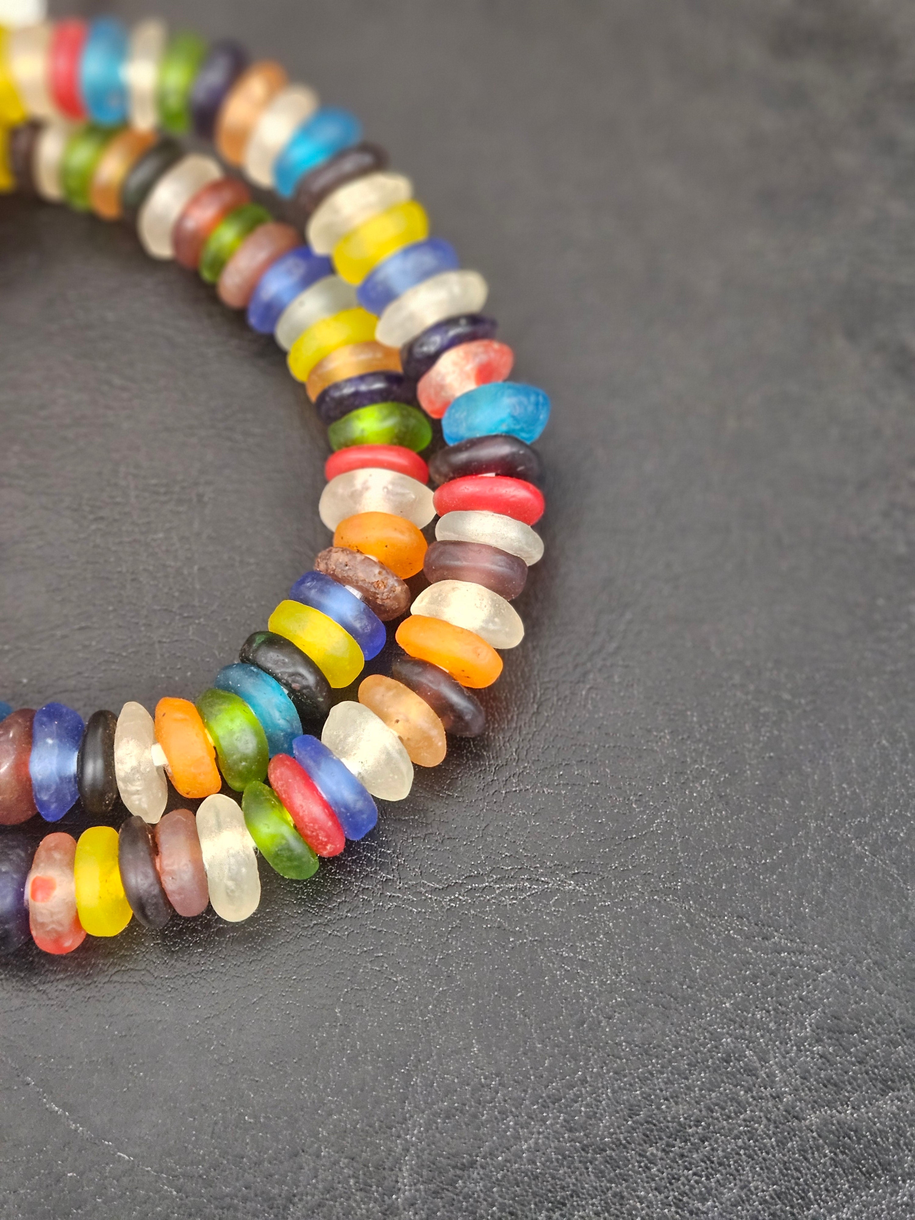 Authentic Designer Mix Krobo Translucent Recycled Glass Rondelle Beads | Handmade Ghana African Glass Beads for Jewelry Making & Wholesale