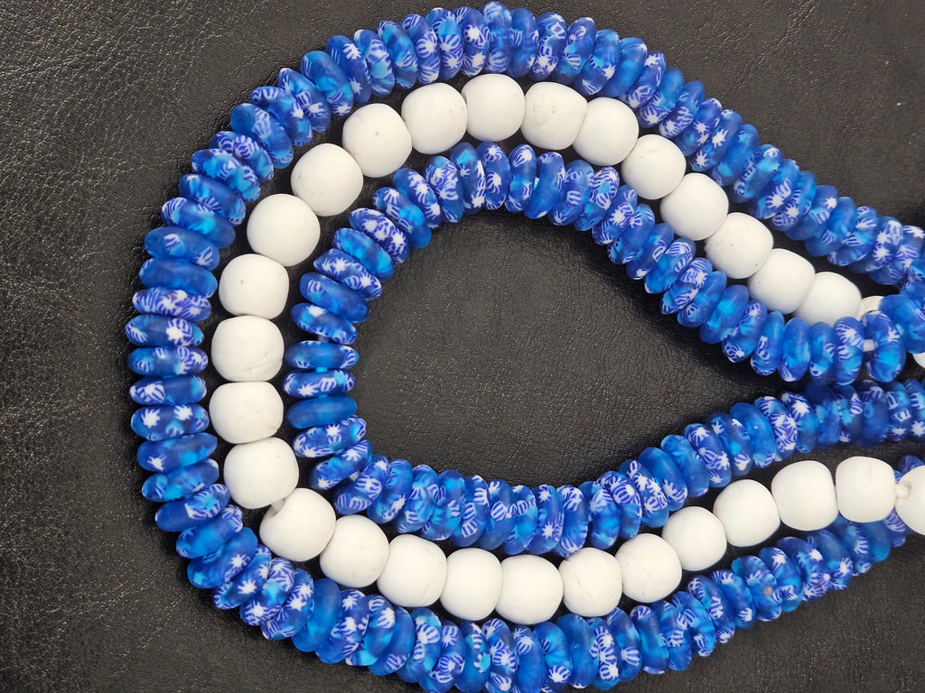 Blue & White African Glass Bead Bundle: Hand-Painted Krobo Rondelle and White Pocket Beads from Ghana