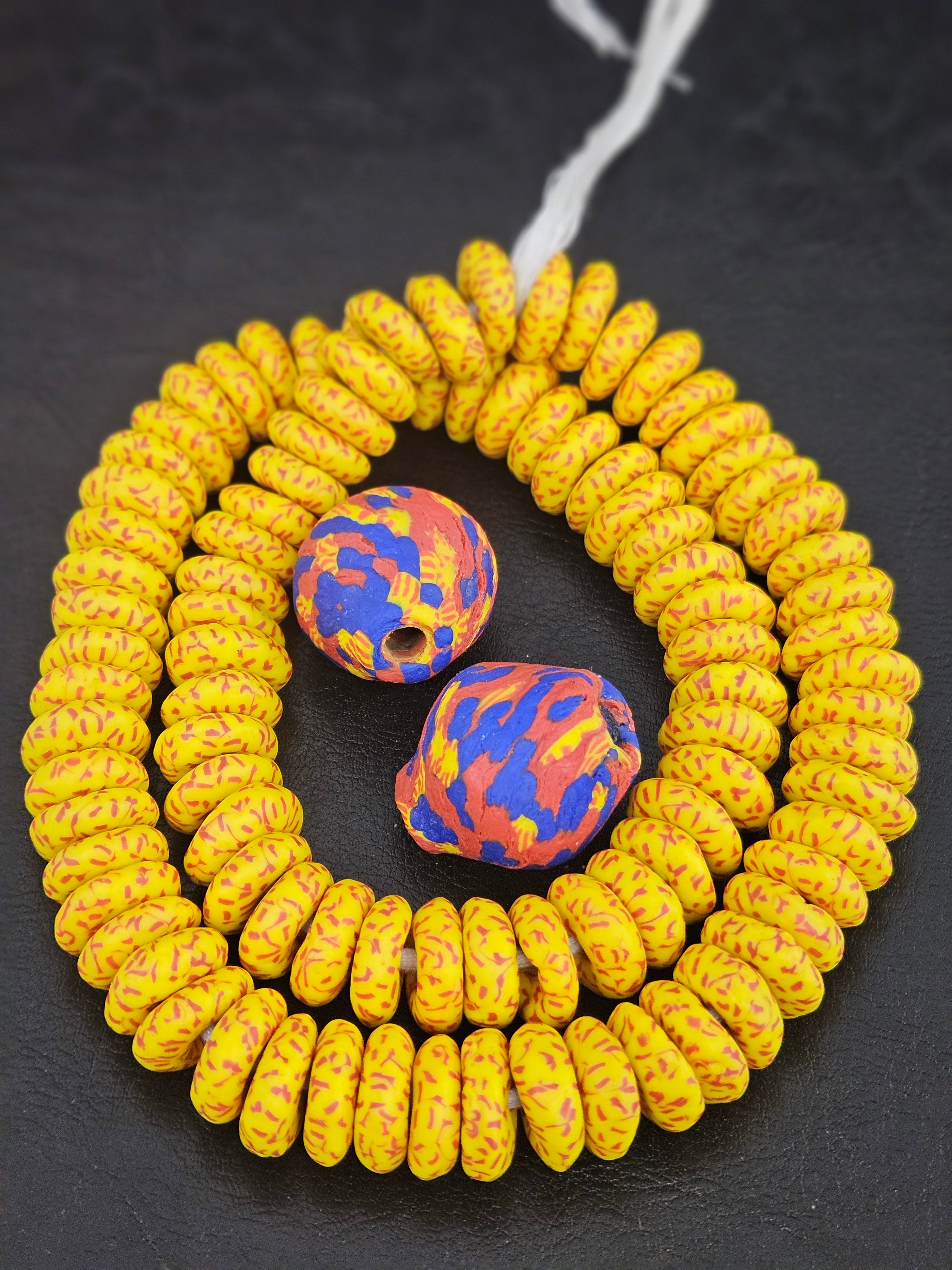 Yellow African Beads Bundle – Krobo Glass Rondelles + Bicone Focals