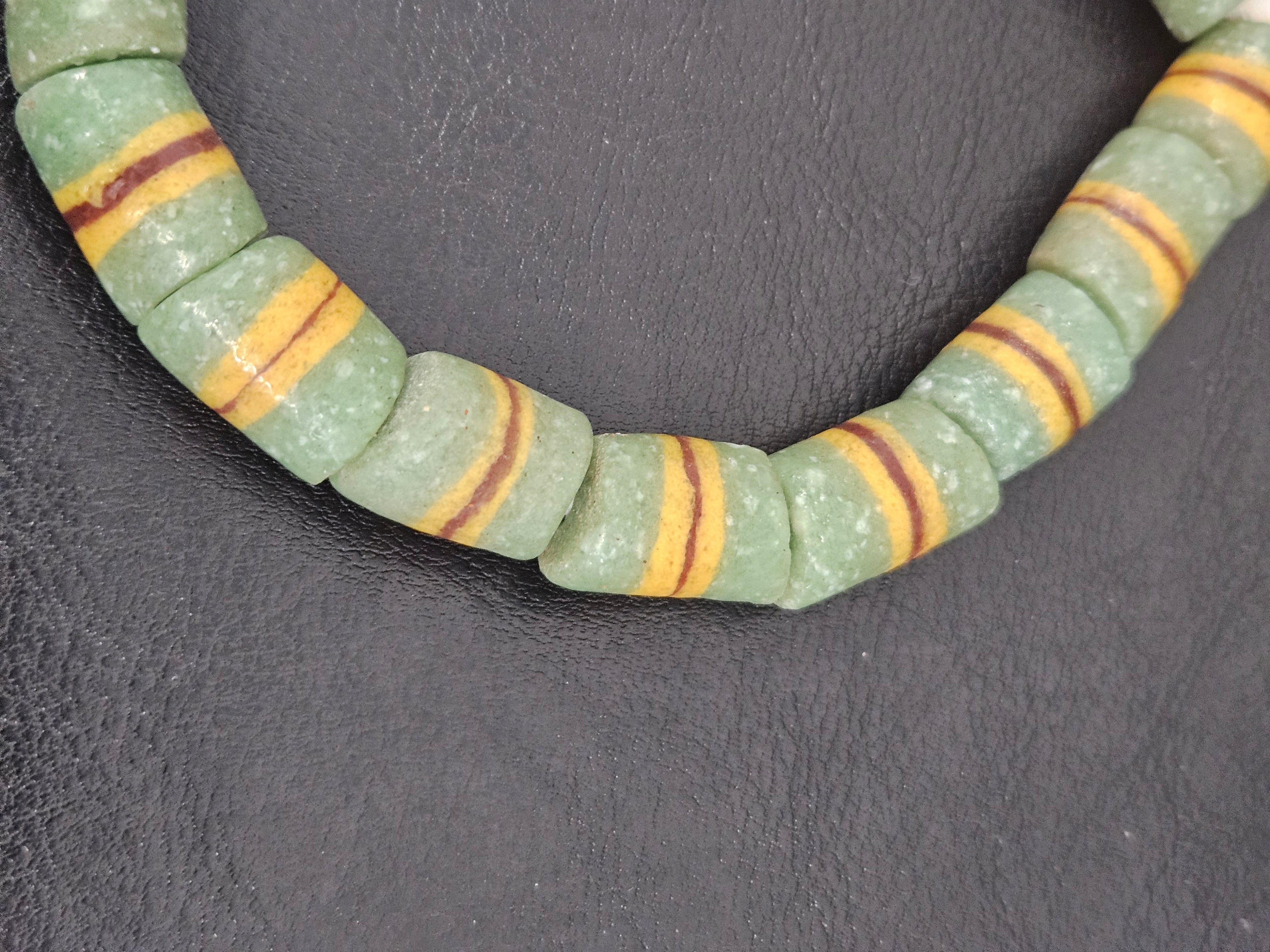 Green Striped Krobo Kente Glass Beads | Handcrafted Powdered Glass Beads from Ghana | Approx. 17 Beads