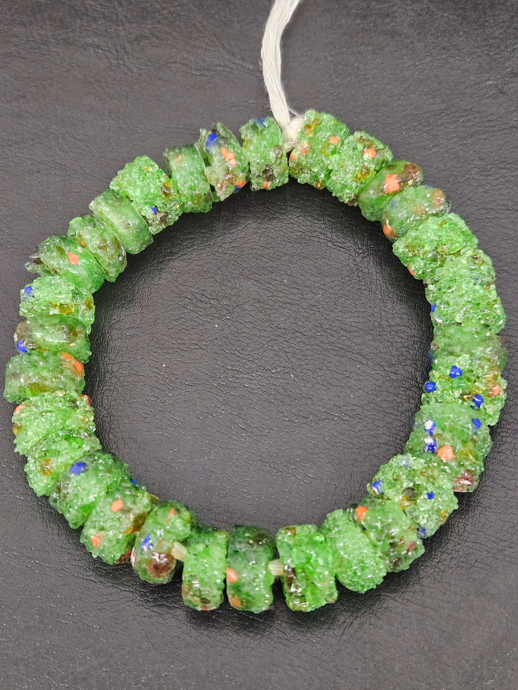 Green Confetti Krobo Sugar Glass Short Tube Beads | Handcrafted Recycled Glass Beads from Ghana | Approx. 32 Beads Per Strand