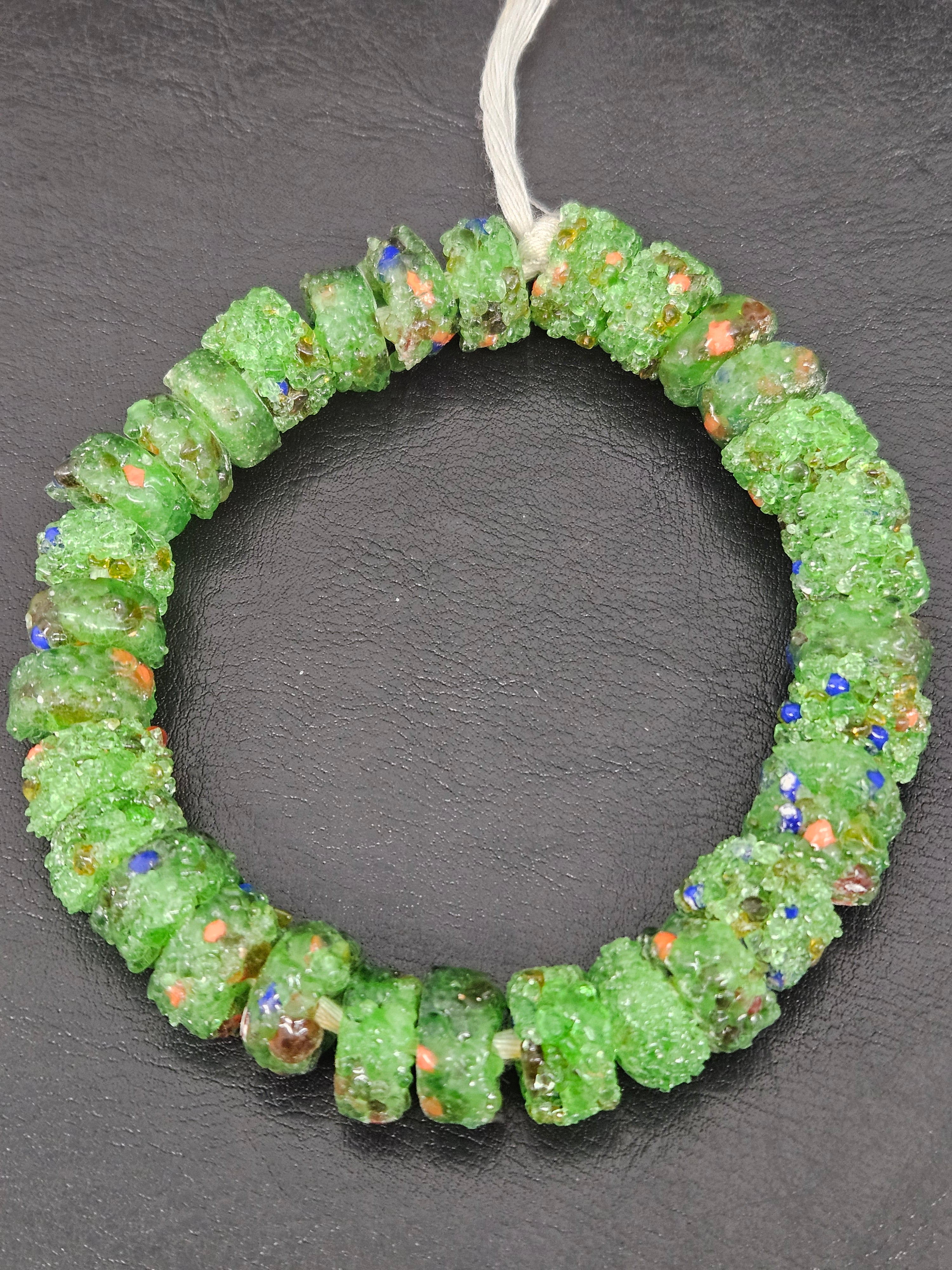 Green Confetti Krobo Sugar Glass Short Tube Beads | Handcrafted Recycled Glass Beads from Ghana | Approx. 32 Beads Per Strand