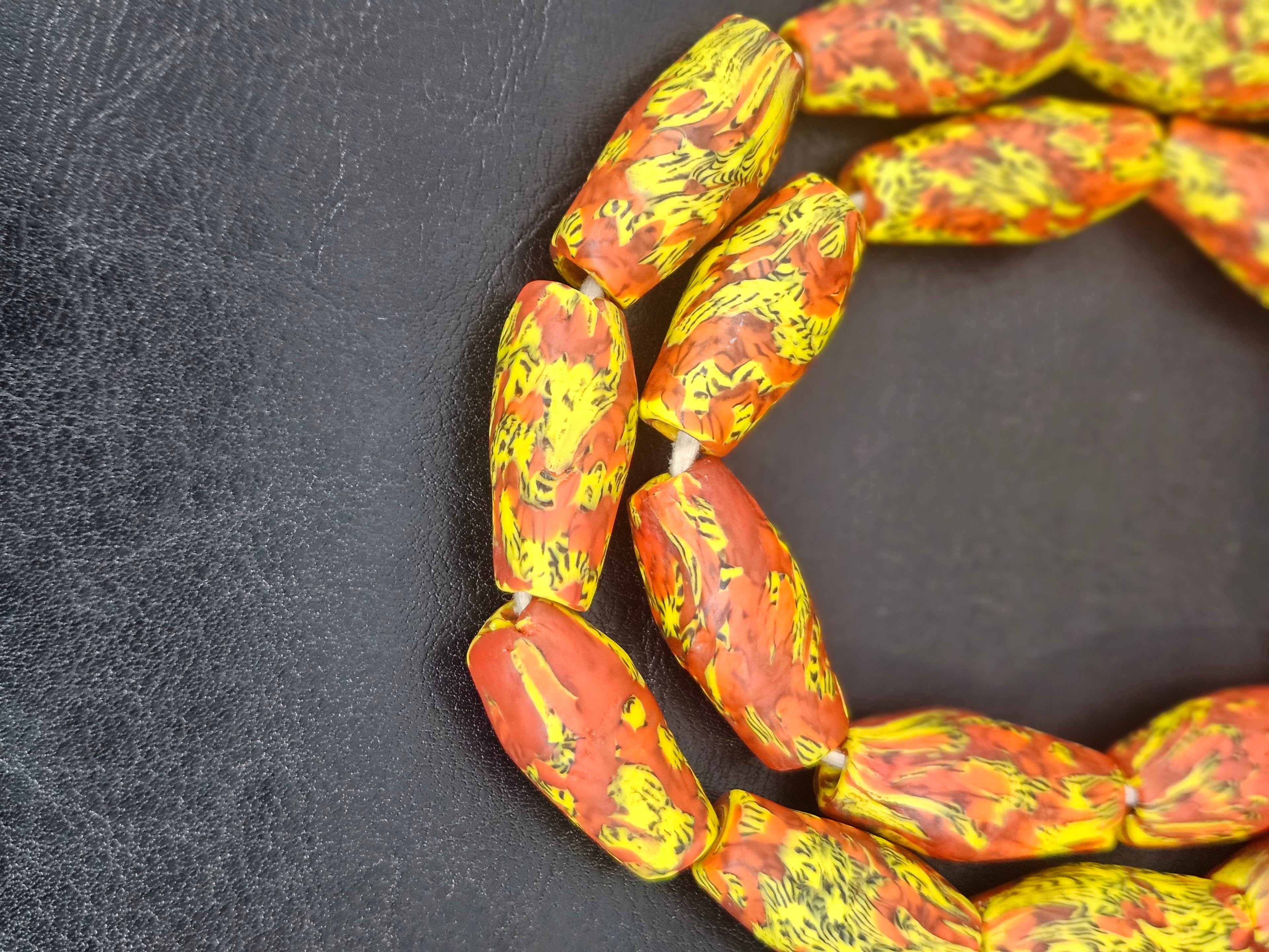 XL Rust Orange & Yellow Fused Krobo Recycled Glass Beads | Handmade Ghana Statement Beads