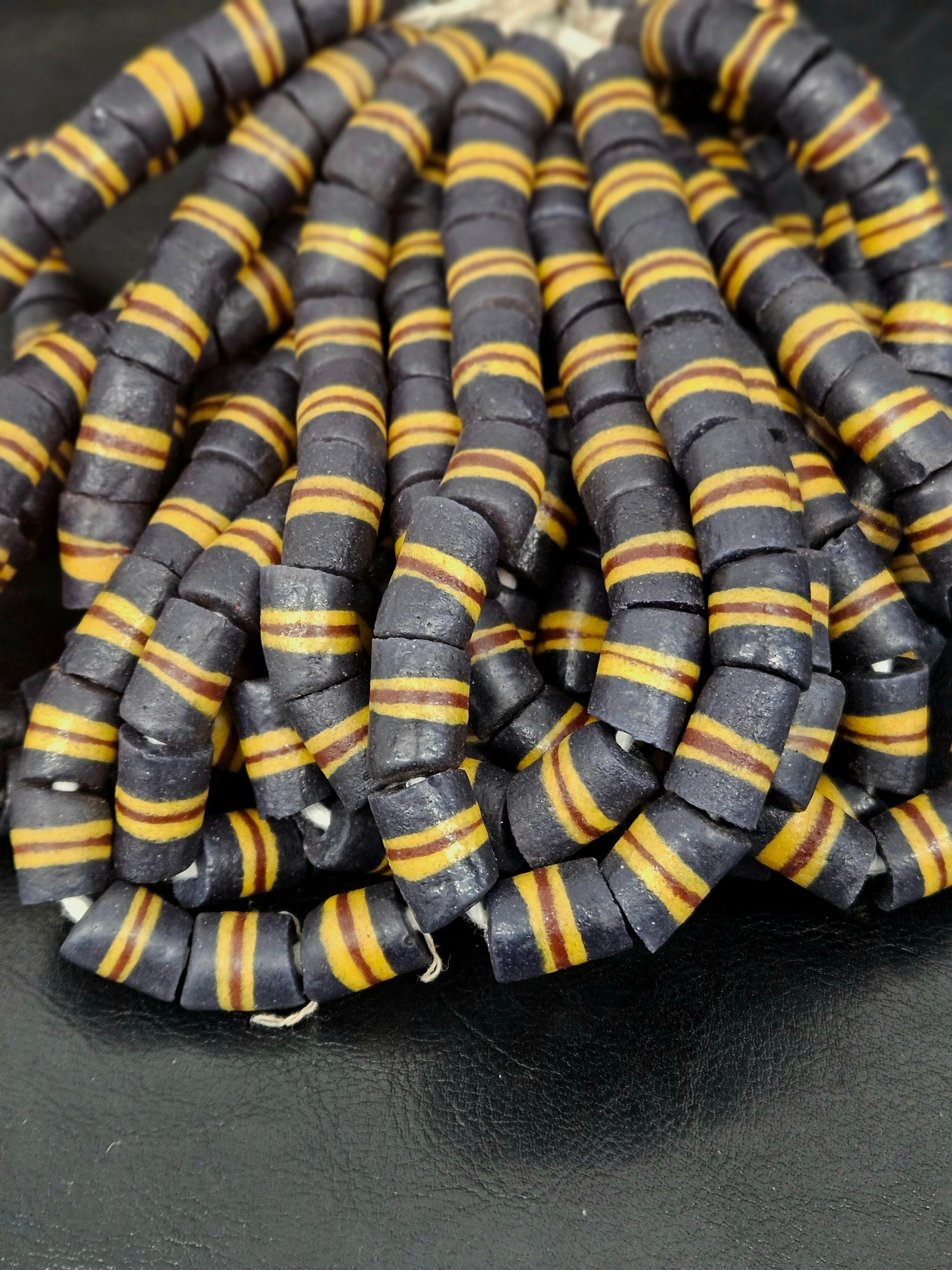 Black Striped Krobo Kente Glass Beads | Handcrafted Powdered Glass Beads from Ghana | Approx. 17 Beads