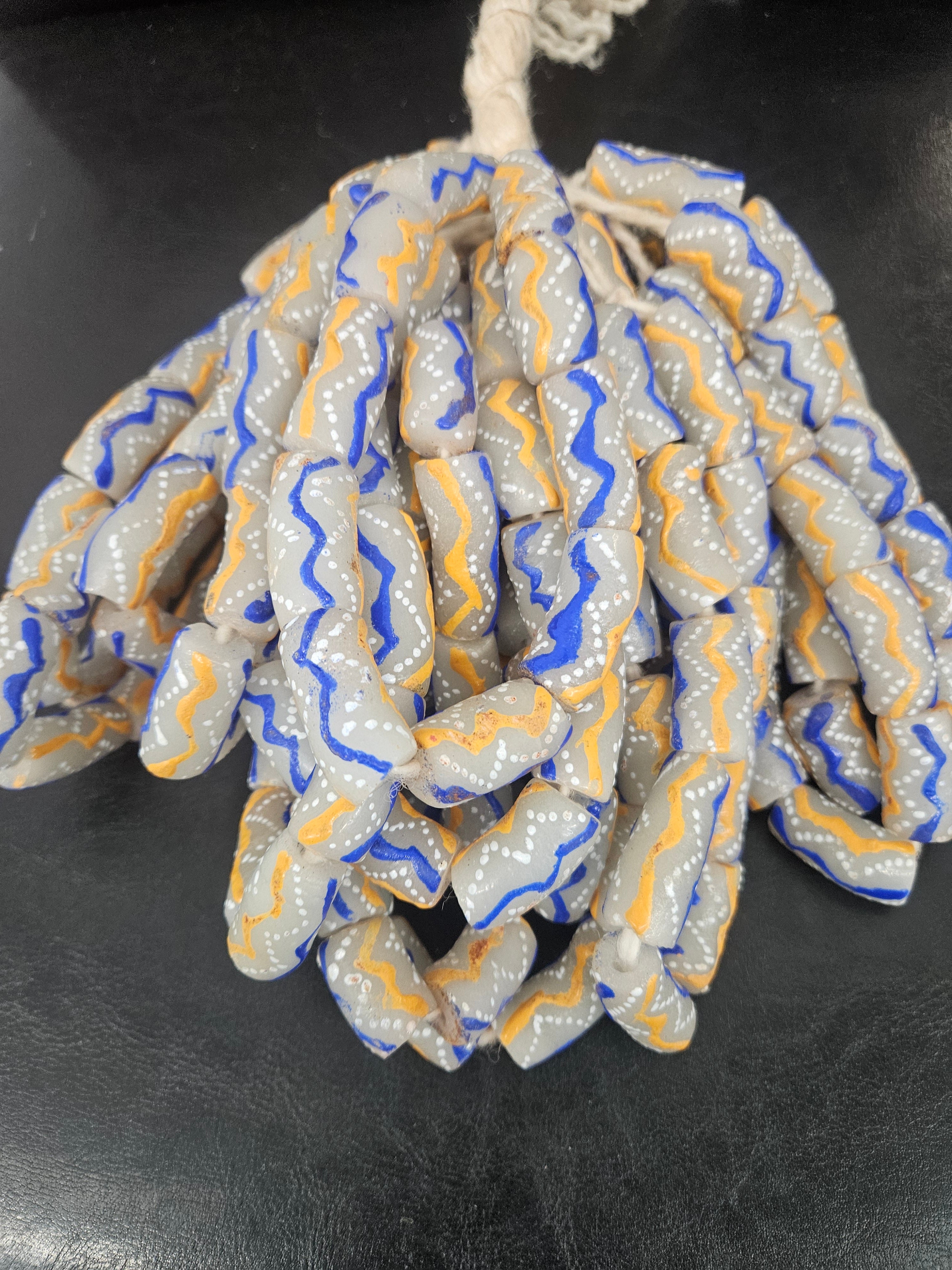 African Glass Beads – Painted Krobo Long Tubes, Gray Blue & Gold