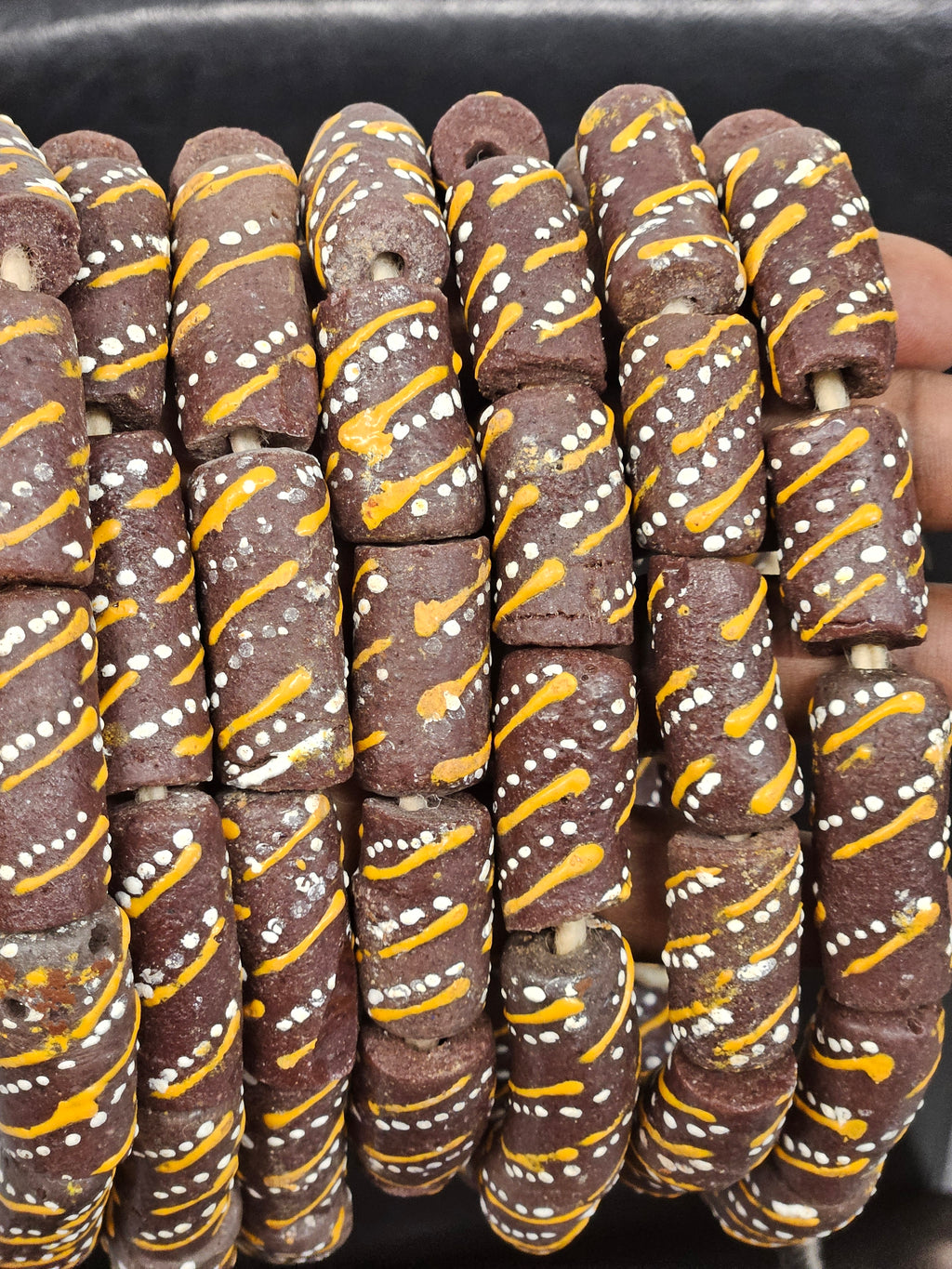 Fall Handcrafted Krobo Painted Recycled Glass Beads – African Brown Tube Beads with White & Yellow Patterns (17–18mm × 30–32mm)