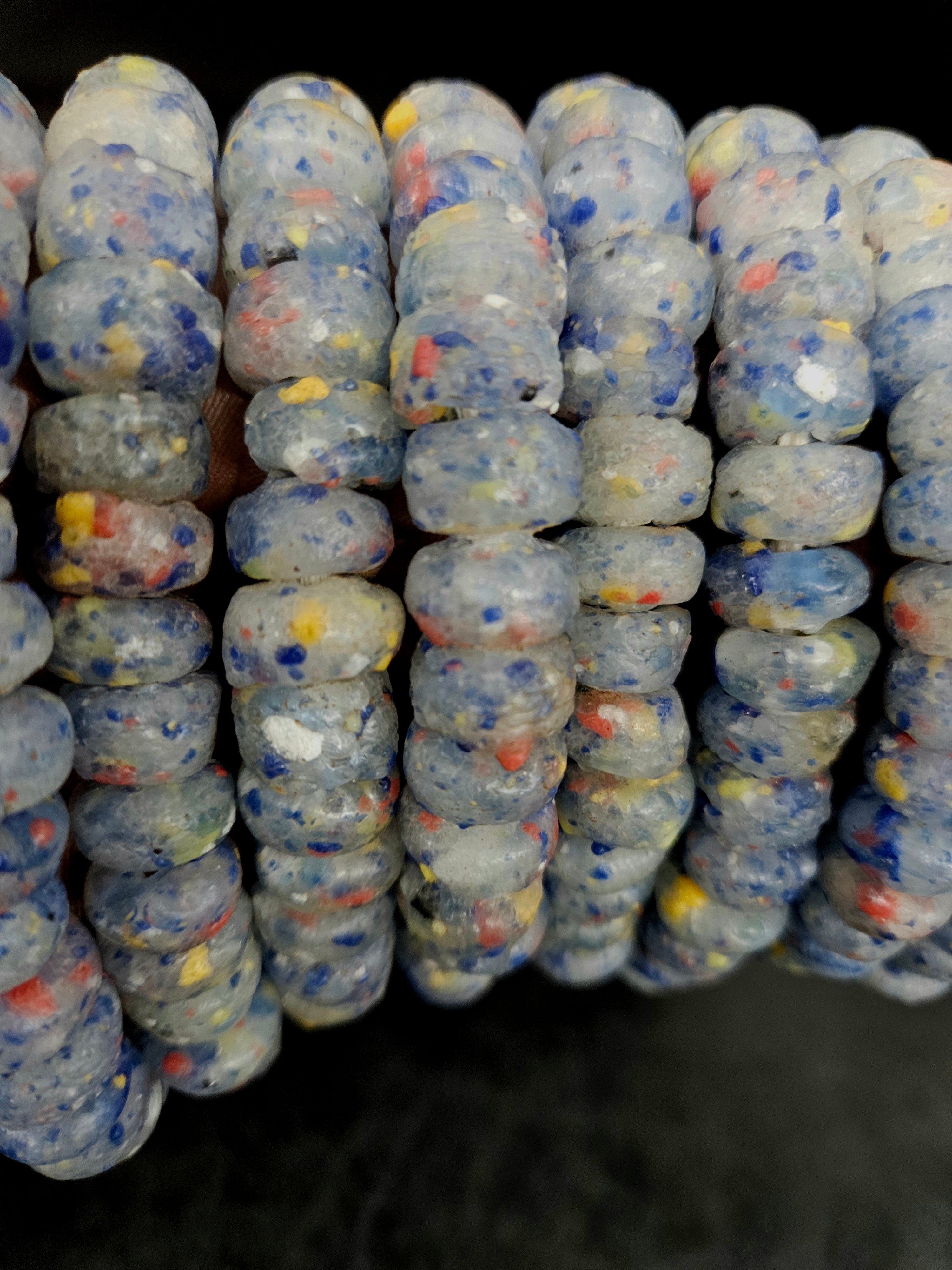 Blue Gray African Recycled Glass Short Tube Beads – Handmade Krobo Powder Glass Beads, 32–33 Beads