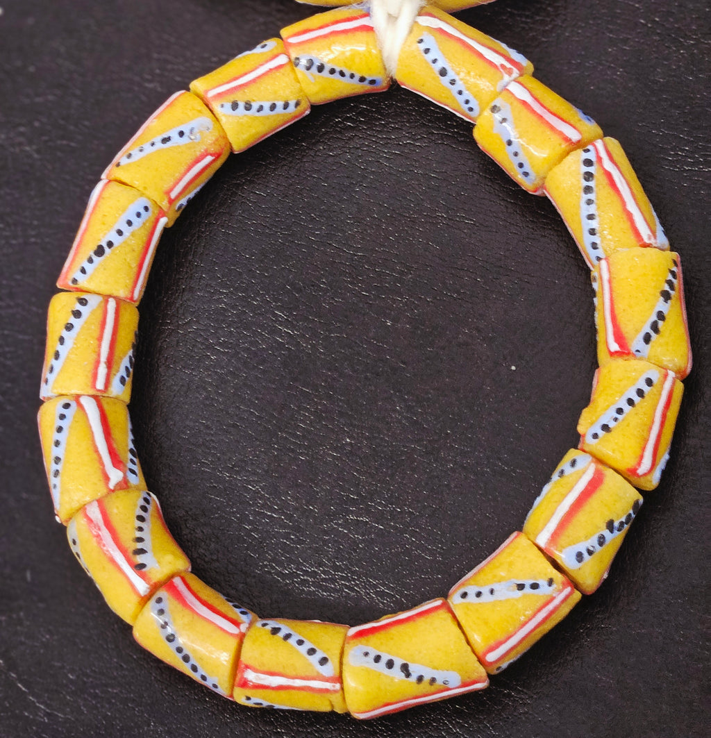 Yellow & Red Patterned Krobo Recycled Glass Tube Beads – 12–14 × 15–18 mm | Handcrafted in Ghana