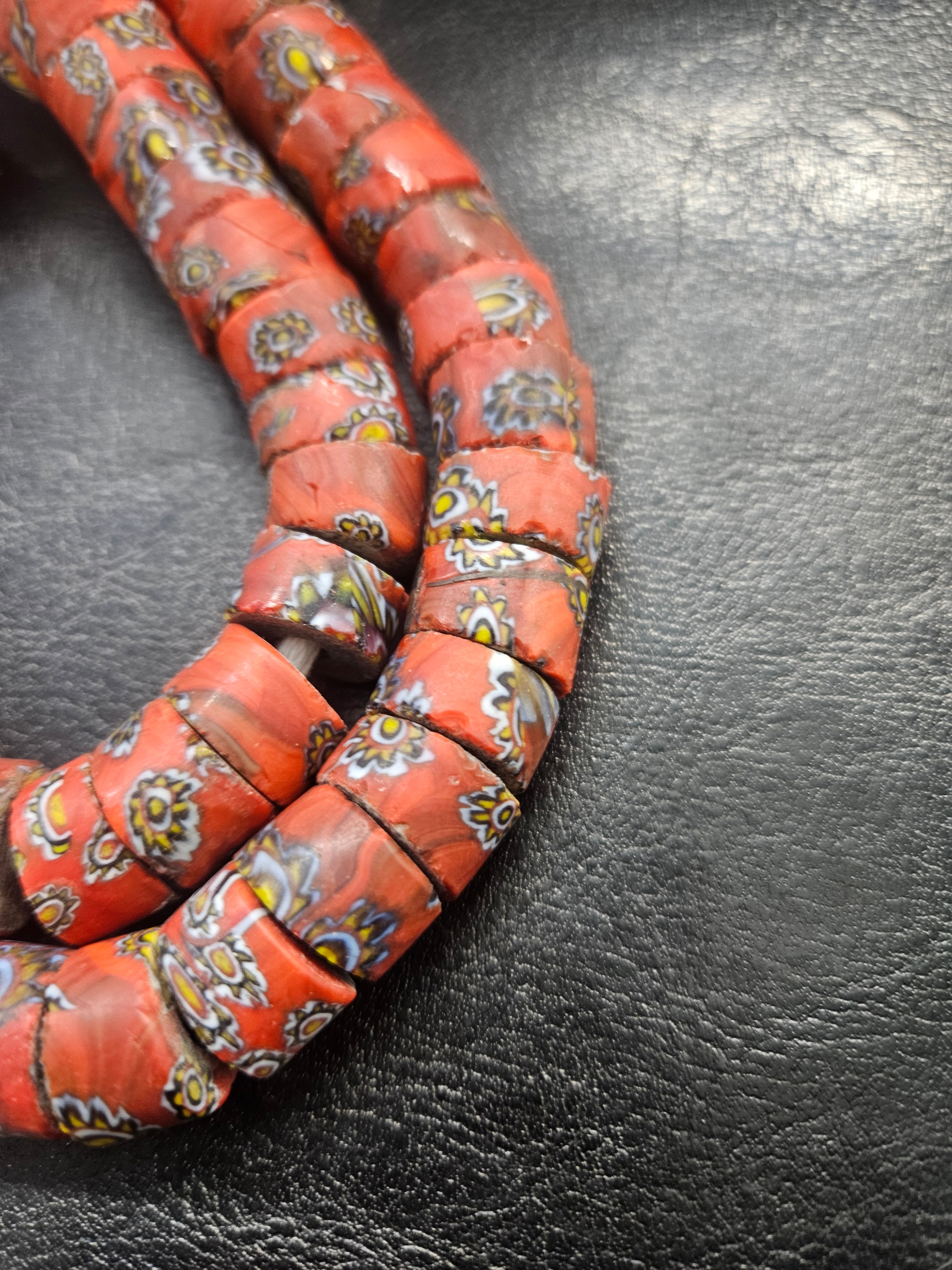 African Trade Beads – Red Multicolor Floral Pattern Strand