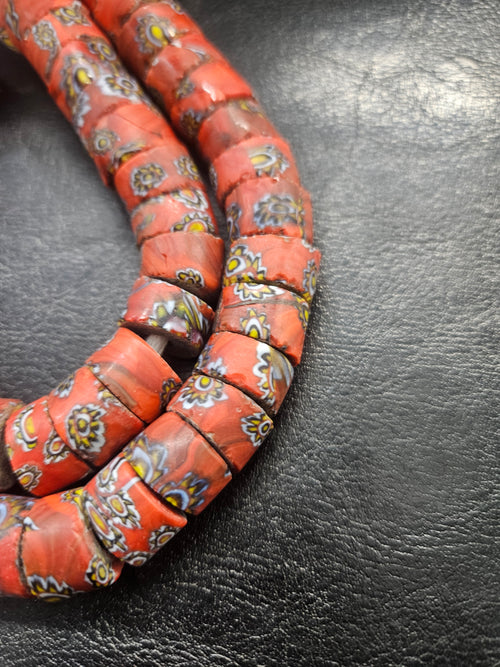 African Trade Beads – Red Multicolor Floral Pattern Strand