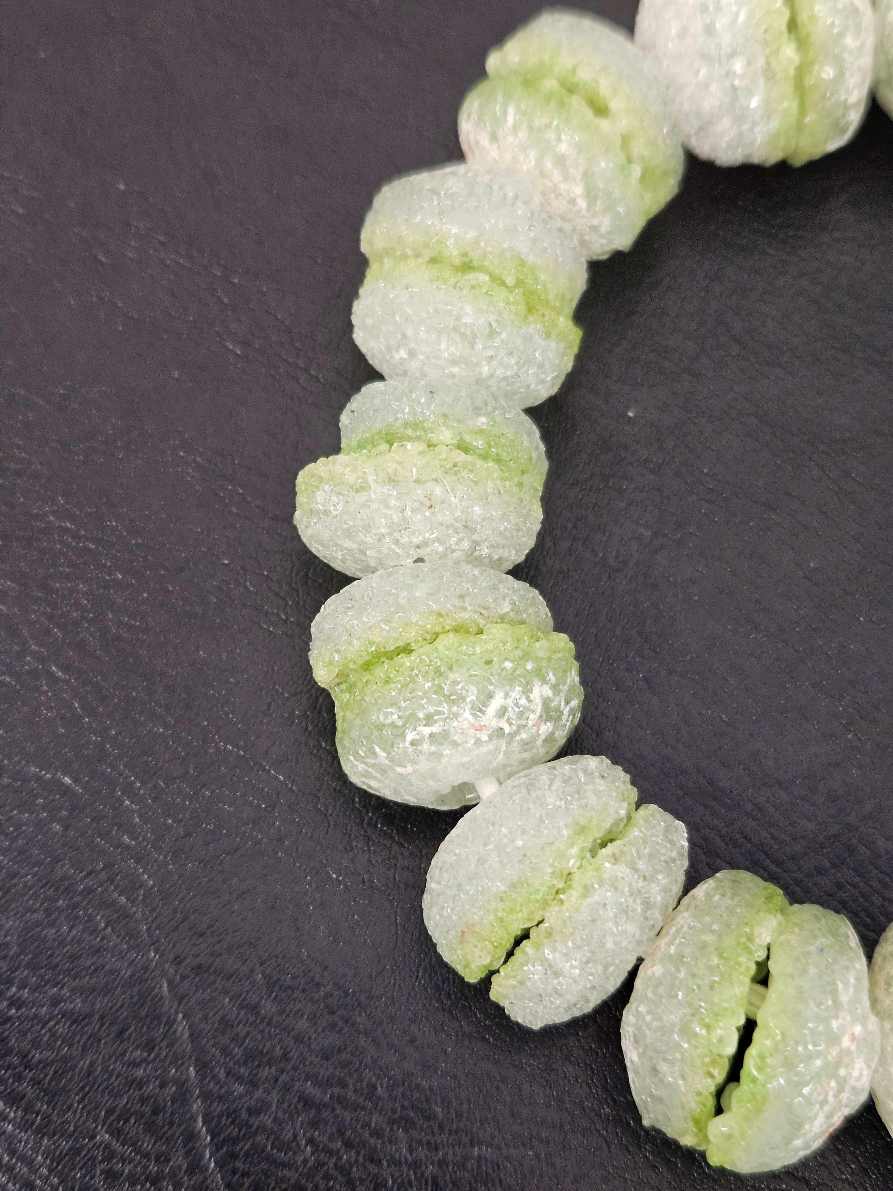 Lime Green & White Krobo Sugar Glass Rondelle Beads | Handcrafted Recycled Glass Beads from Ghana | Approx. 30 Beads Per Strand
