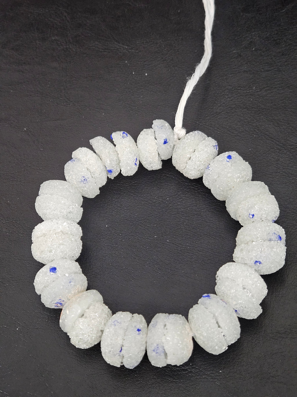 White & Blue Speckled Krobo Sugar Glass Rondelle Beads | Handcrafted Recycled Glass Beads from Ghana | Approx. 30 Beads Per Strand