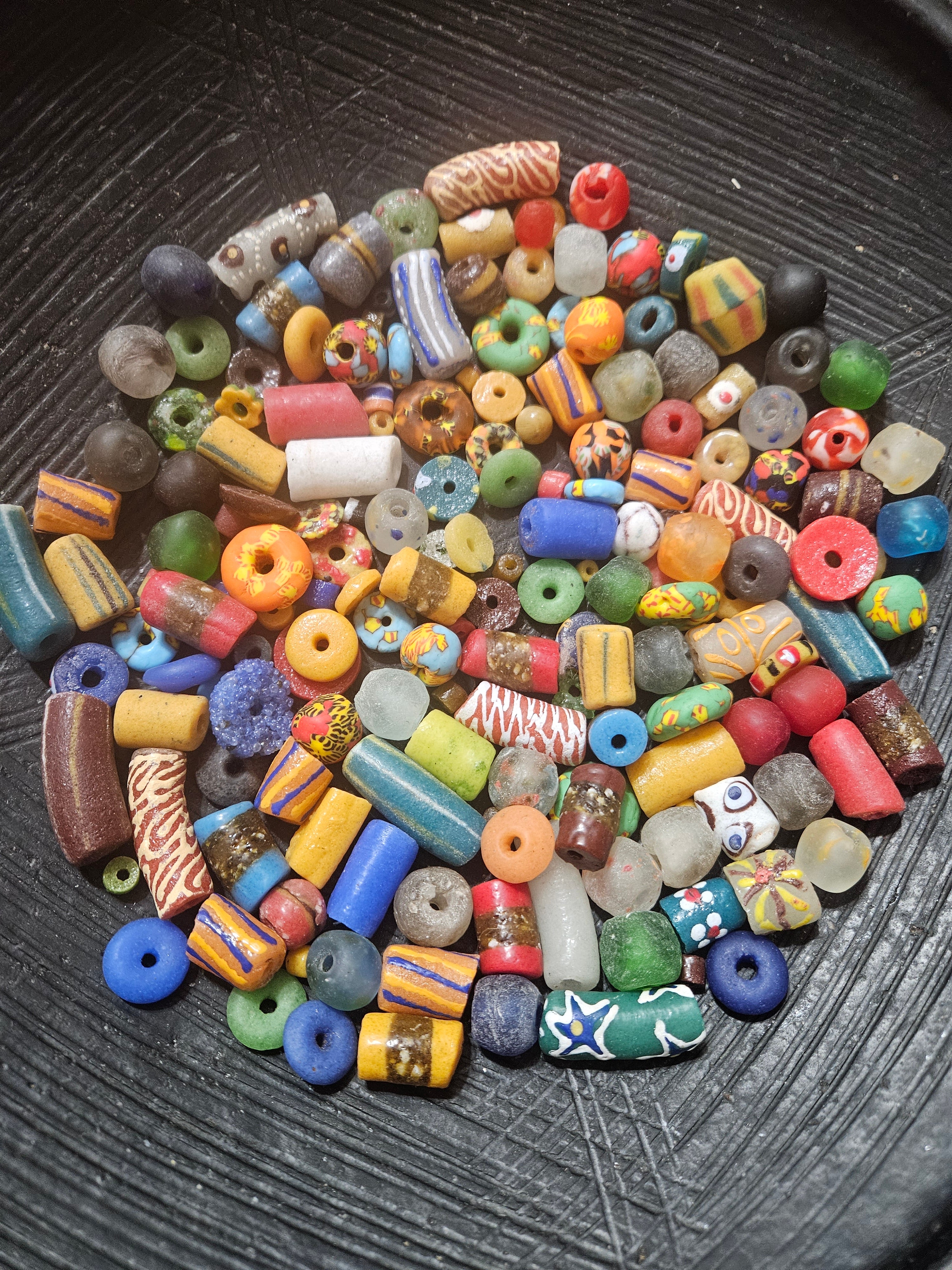 Krobo Recycled Glass Beads Mix (Coastal Blue + Sun Yellow) — 1 Cup, 160+ Handmade Ghana Beads, 1lb | ABM601