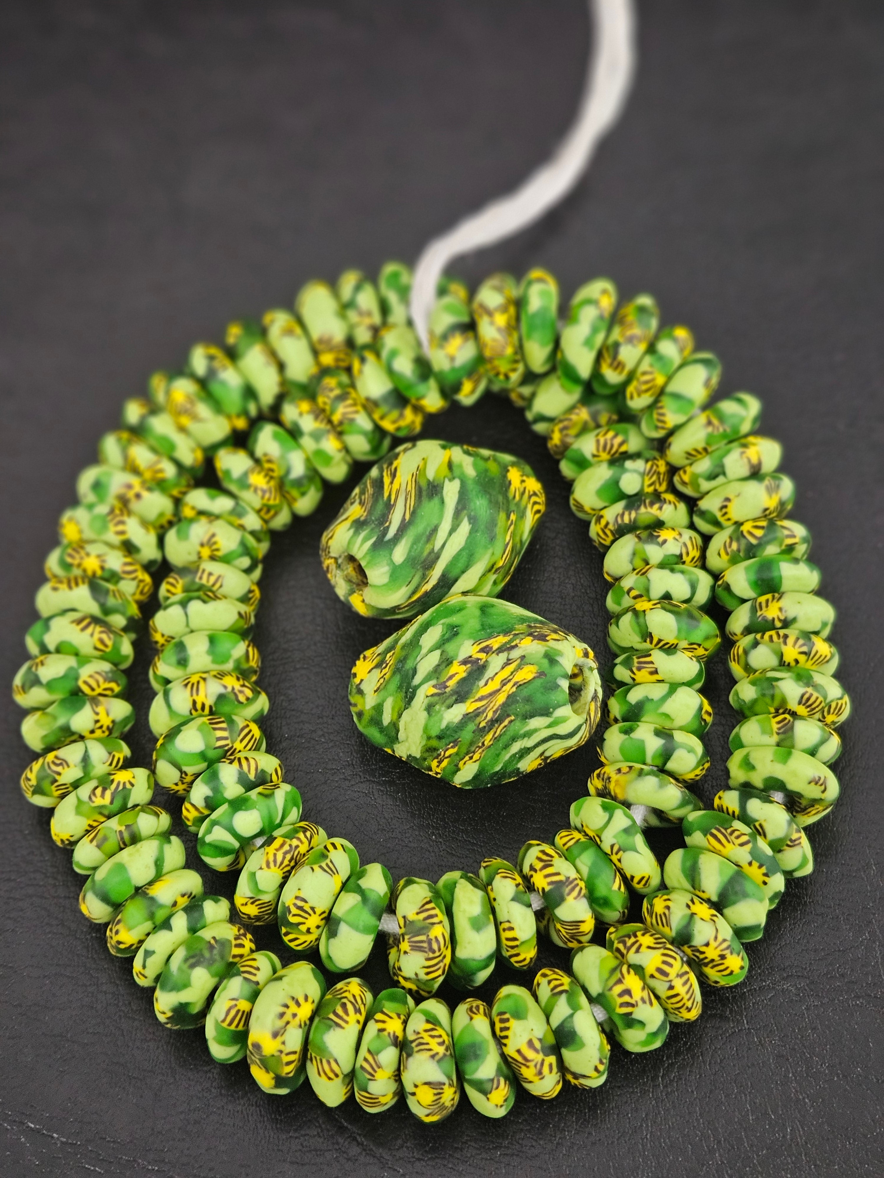 Green African Beads Bundle – Krobo Glass Rondelles + Bicone Focals