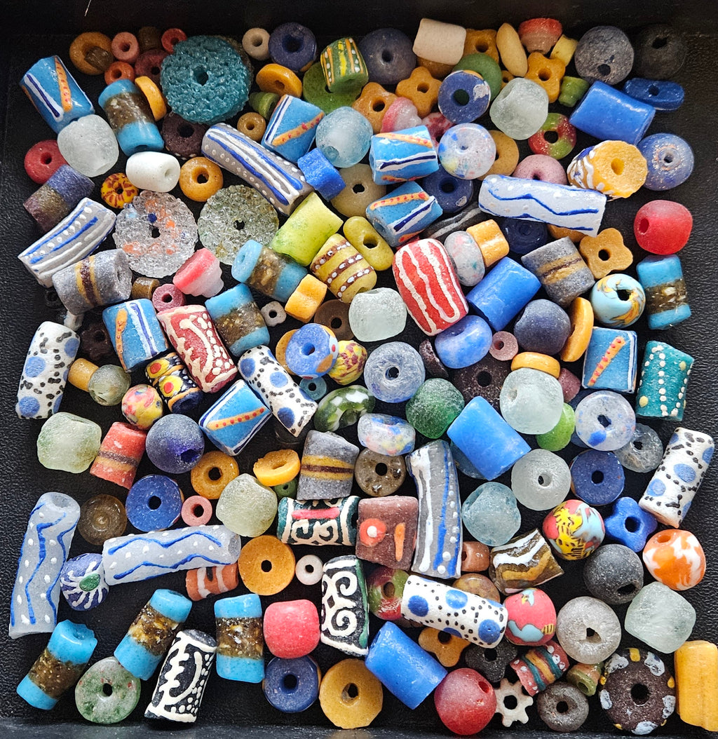 African Krobo Recycled Glass Beads Mix (Indigo + Sky Blue) — 1 Cup, 160+ Handmade Ghana Beads, 1lb | ABM252
