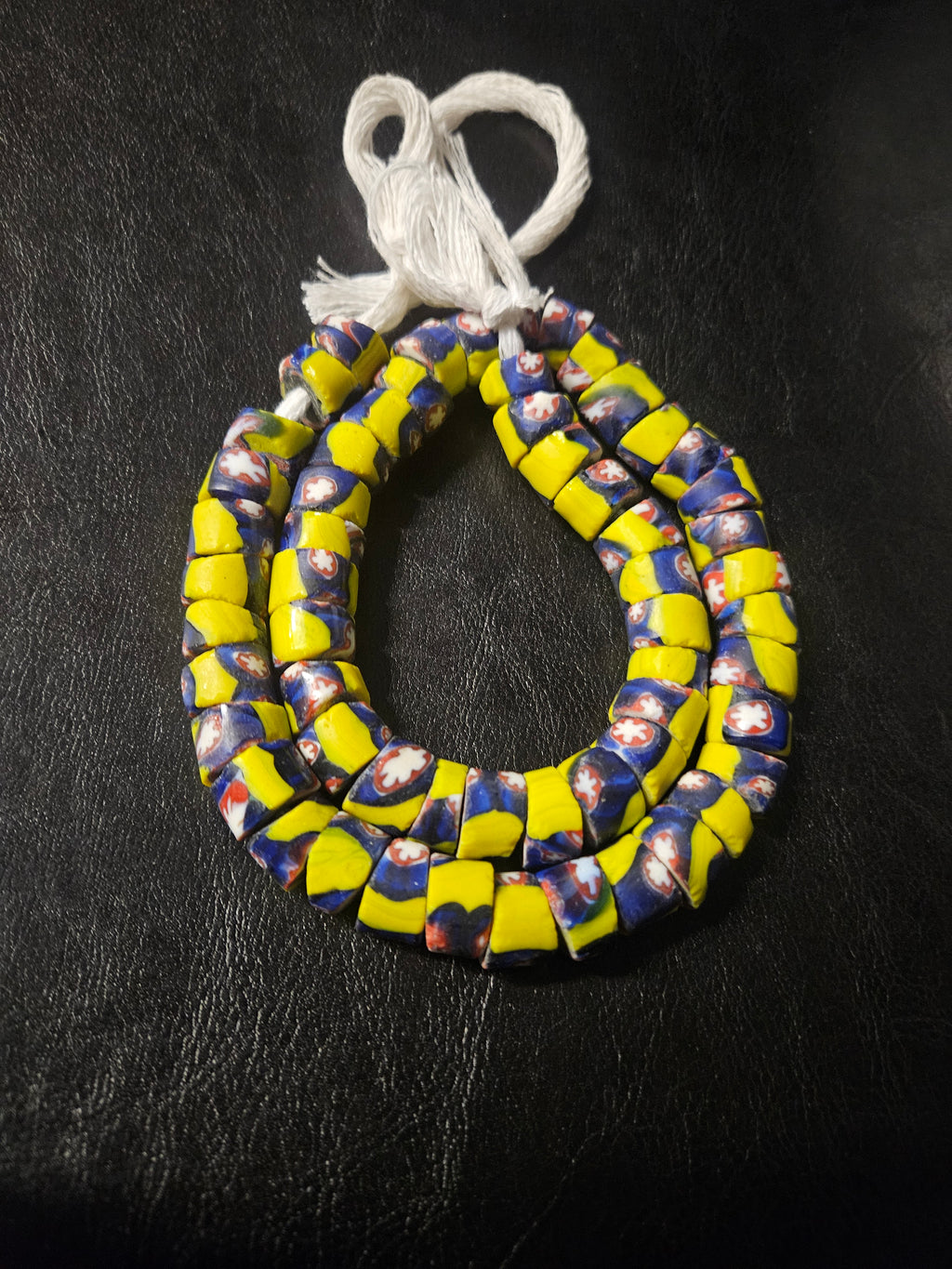 Designer Patterned Trade Beads – Yellow, Blue & Red Motif Strand
