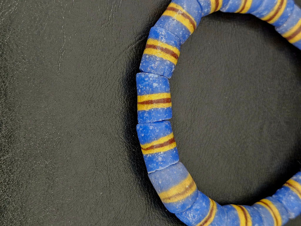 Blue Striped Krobo Kente Glass Beads | Handcrafted Powdered Glass Beads from Ghana | Approx. 17 Beads