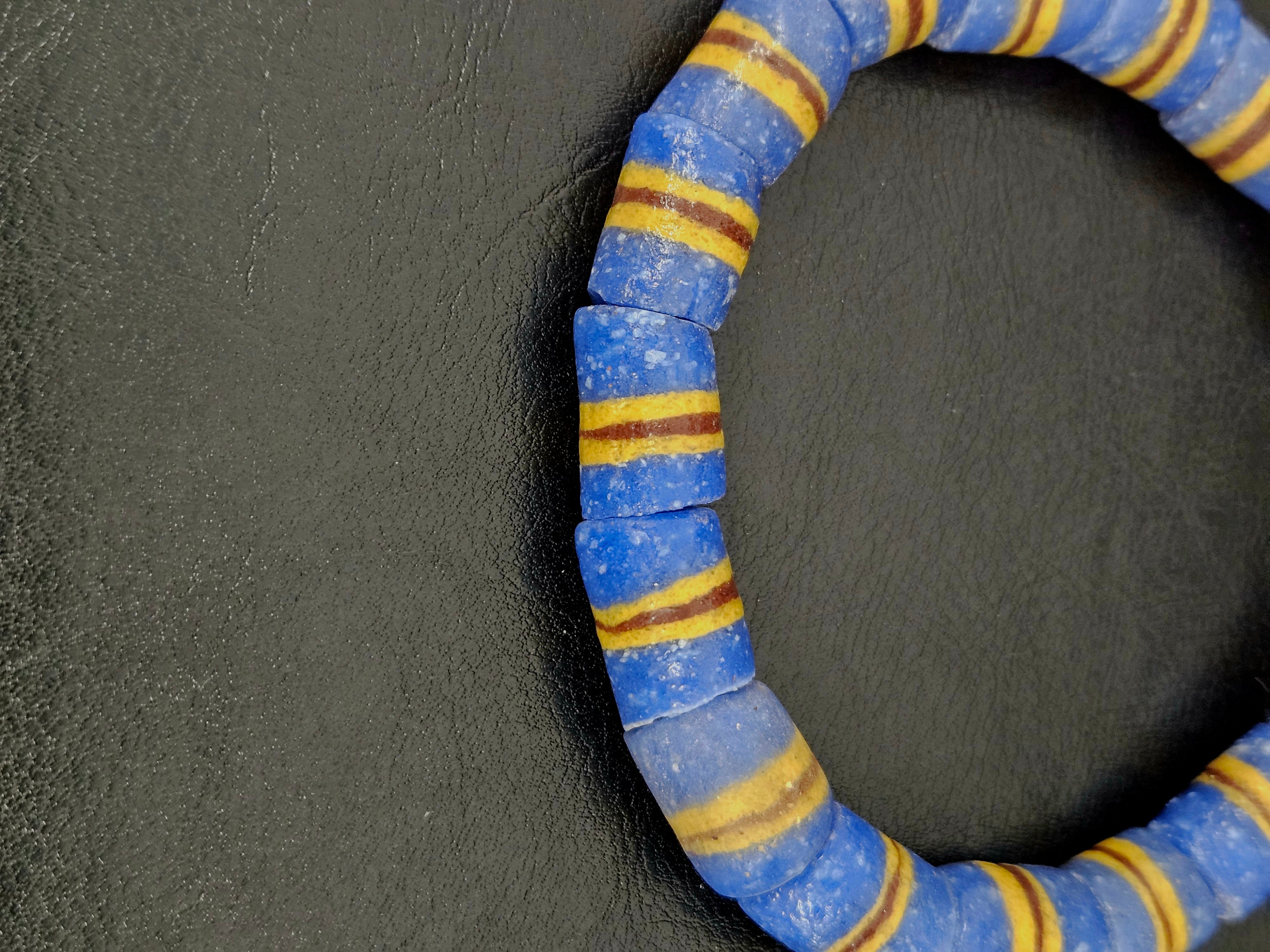 Blue Striped Krobo Kente Glass Beads | Handcrafted Powdered Glass Beads from Ghana | Approx. 17 Beads