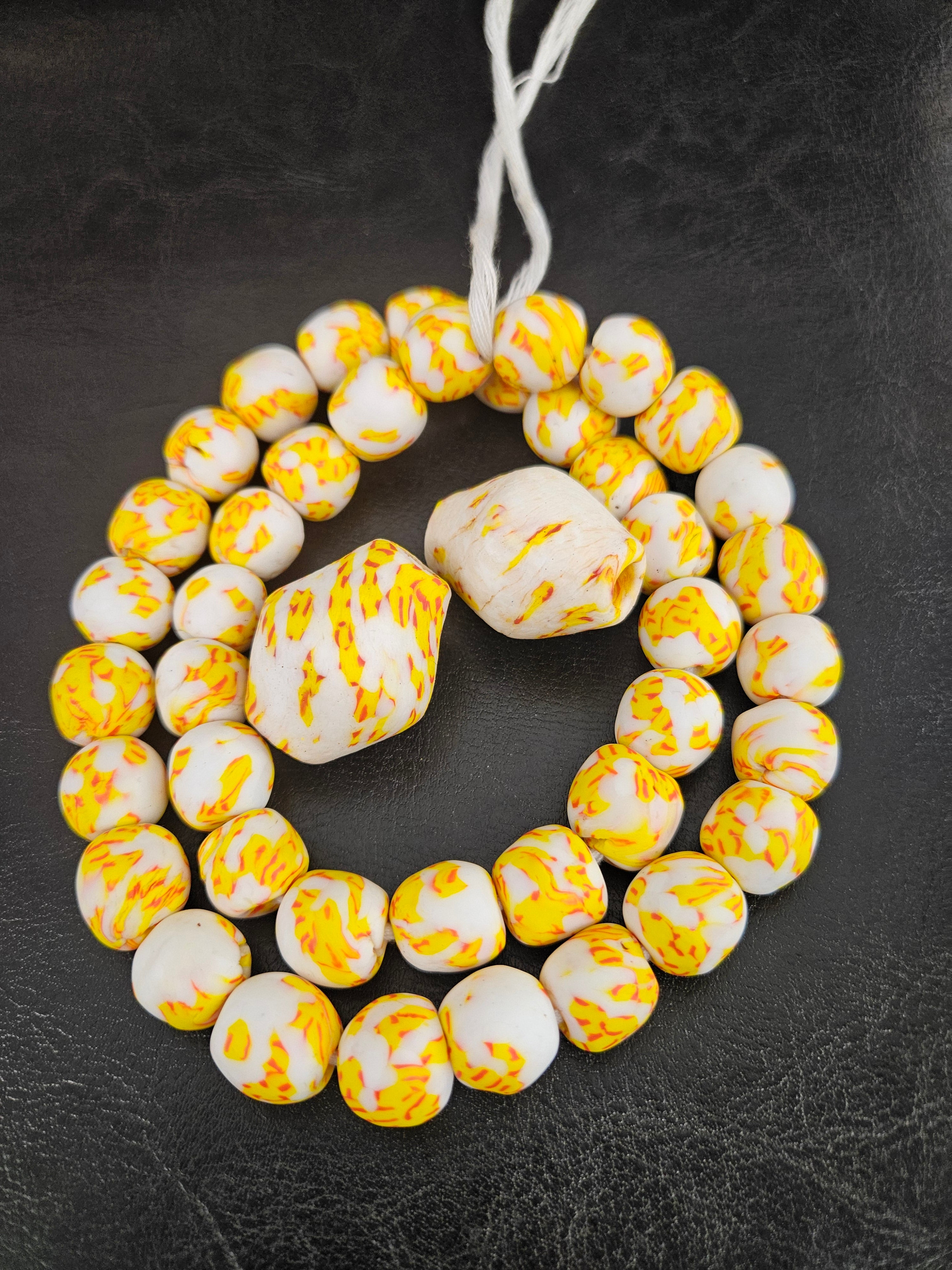 African Glass Bead Bundle – Yellow & Ivory Krobo Rounds + Focal Beads