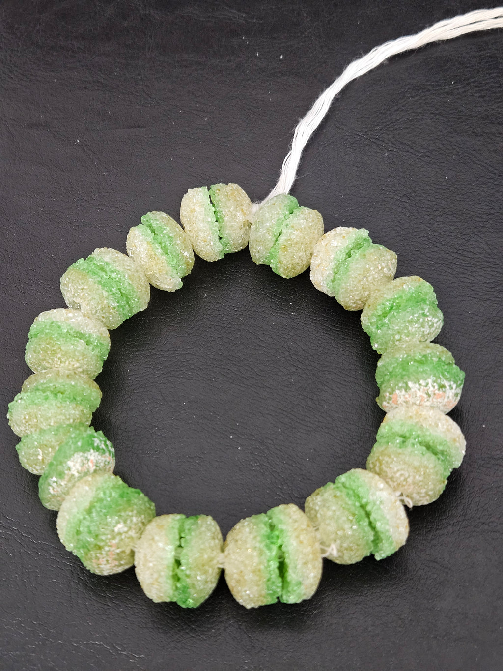 Green & White Krobo Sugar Glass Rondelle Beads | Handcrafted Recycled Glass Beads from Ghana | Approx. 30 Beads Per Strand