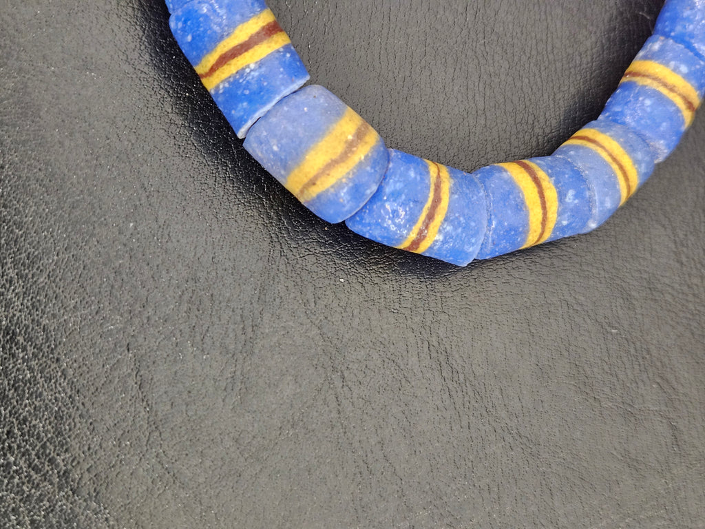 Blue Striped Krobo Kente Glass Beads | Handcrafted Powdered Glass Beads from Ghana | Approx. 17 Beads