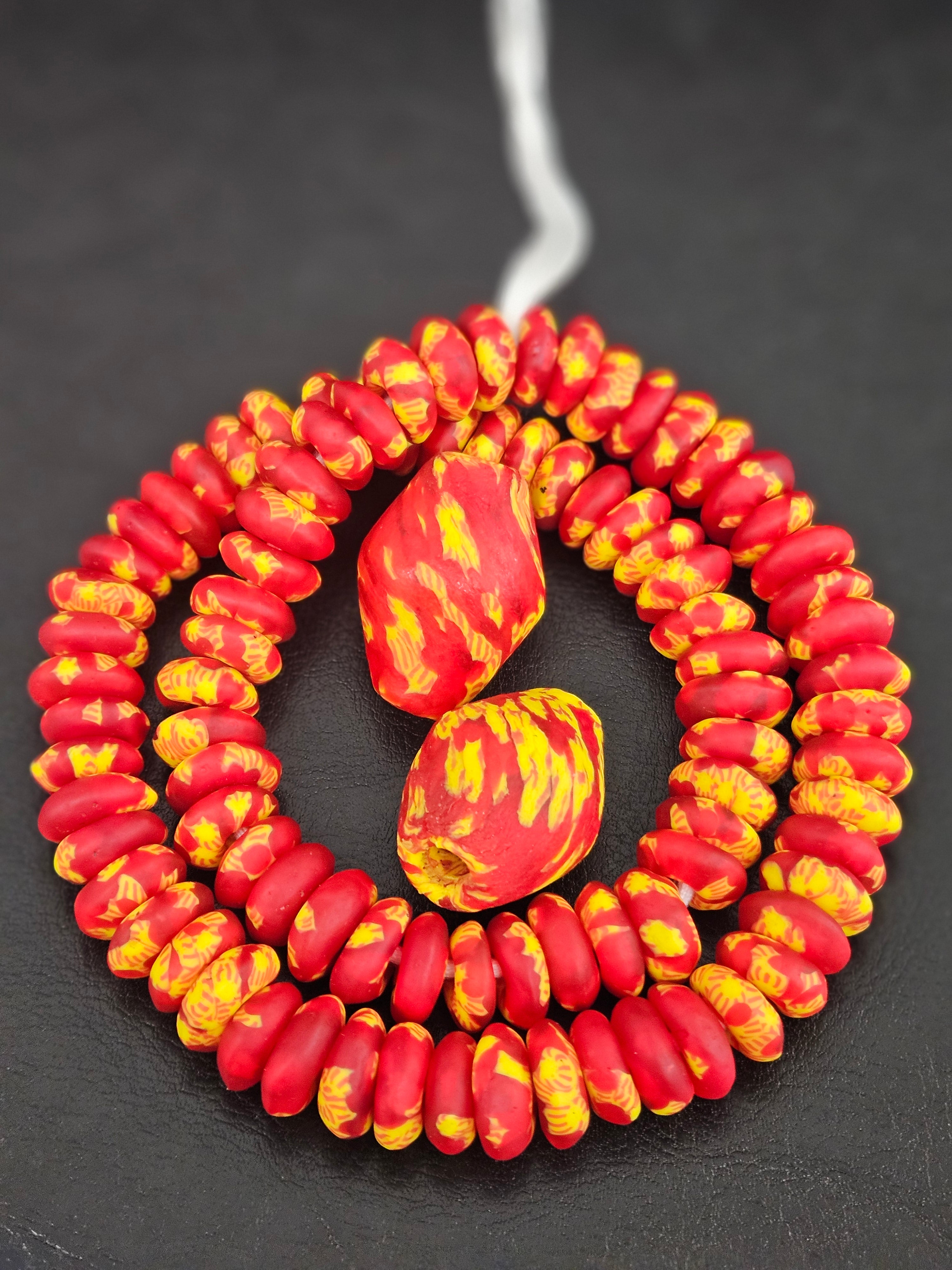 Red & Yellow African Glass Beads Bundle – Krobo Rondelles + Bicone Focals
