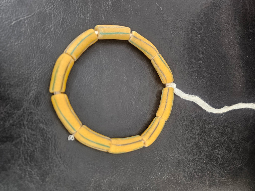 African Glass Beads – Painted Krobo Long Tubes, Mustard & Green Handmade Beads
