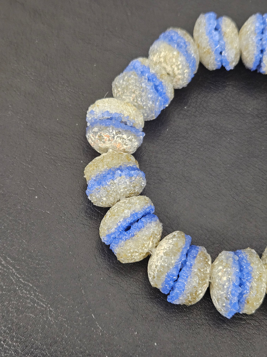 Royal Blue & Ivory Krobo Sugar Glass Rondelle Beads | Handcrafted Recycled Glass Beads from Ghana | Approx. 30 Beads Per Strand