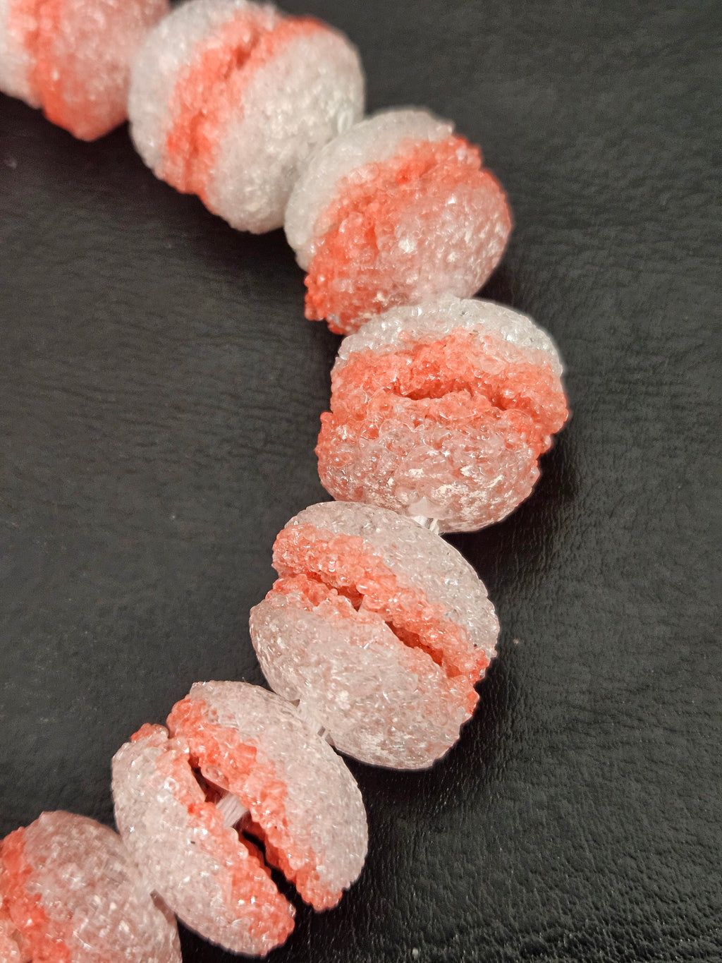 Coral & White Krobo Sugar Glass Rondelle Beads | Handcrafted Recycled Glass Beads from Ghana | Approx. 30 Beads Per Strand