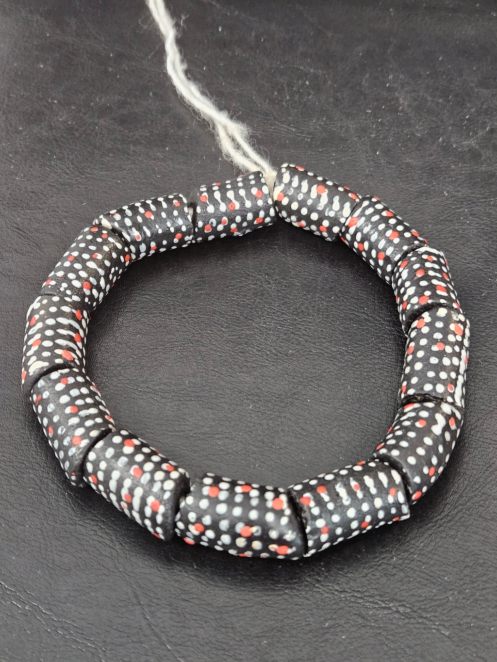 Painted Krobo Glass Beads | Black Red & White Polka Dot Long Tube Beads | Handcrafted Ghana Recycled Glass Beads