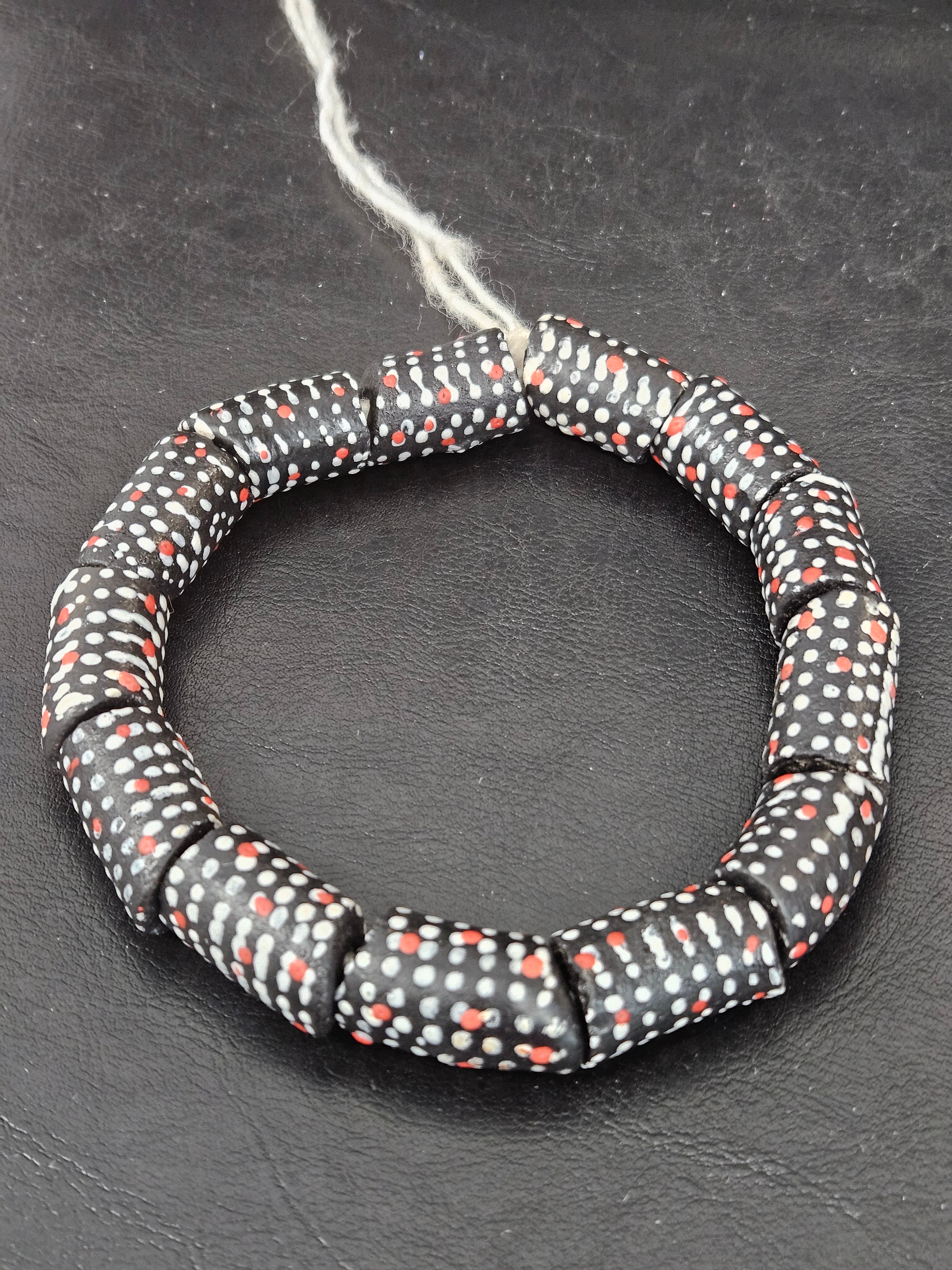 Painted Krobo Glass Beads | Black Red & White Polka Dot Long Tube Beads | Handcrafted Ghana Recycled Glass Beads