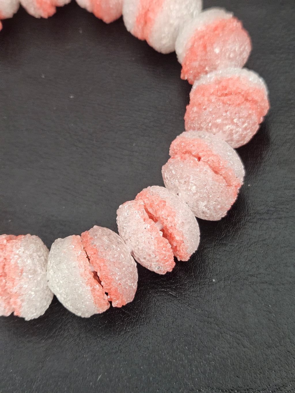 Coral & White Krobo Sugar Glass Rondelle Beads | Handcrafted Recycled Glass Beads from Ghana | Approx. 30 Beads Per Strand