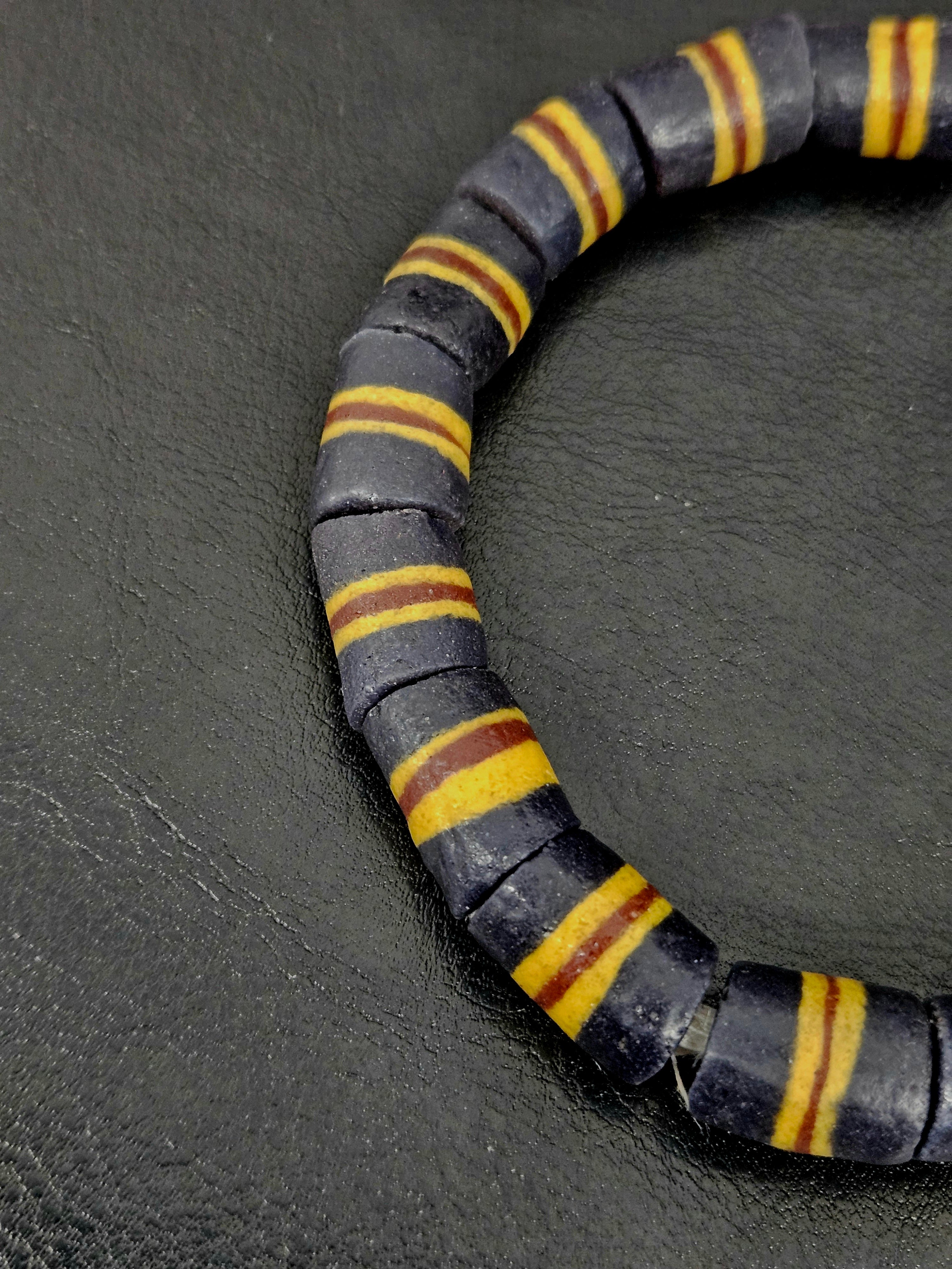 Black Striped Krobo Kente Glass Beads | Handcrafted Powdered Glass Beads from Ghana | Approx. 17 Beads