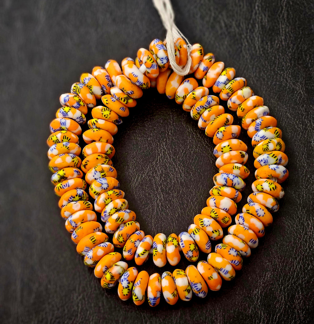 Orange, Blue & Yellow Fused Krobo Rondelle Recycled Glass Beads | 14–16 mm African Trade Beads | Handmade in Ghana