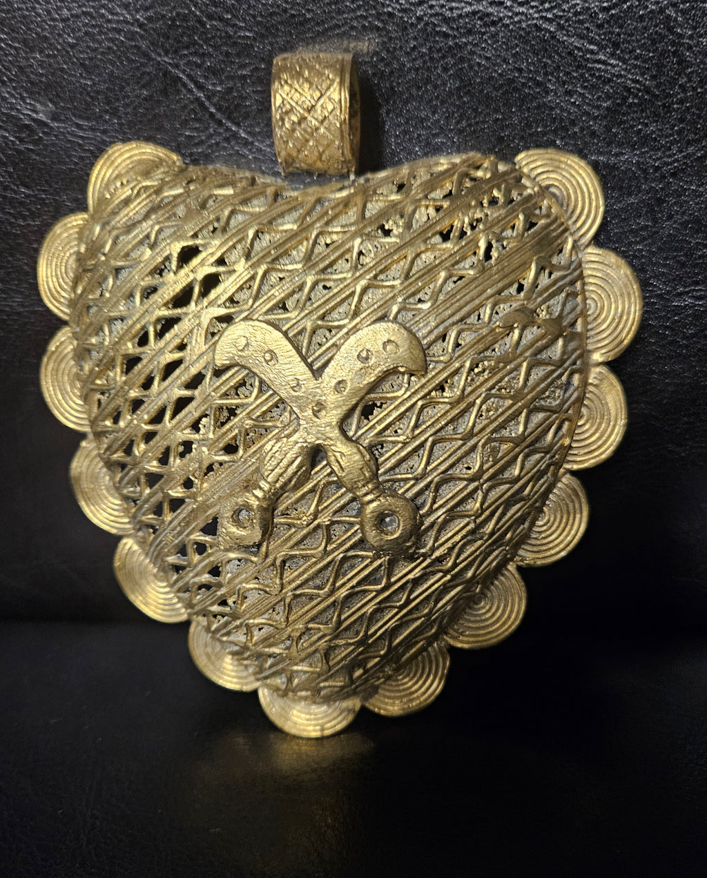 Large Akofena Ghana Brass Statement Pendant – Woven Geometric Focal