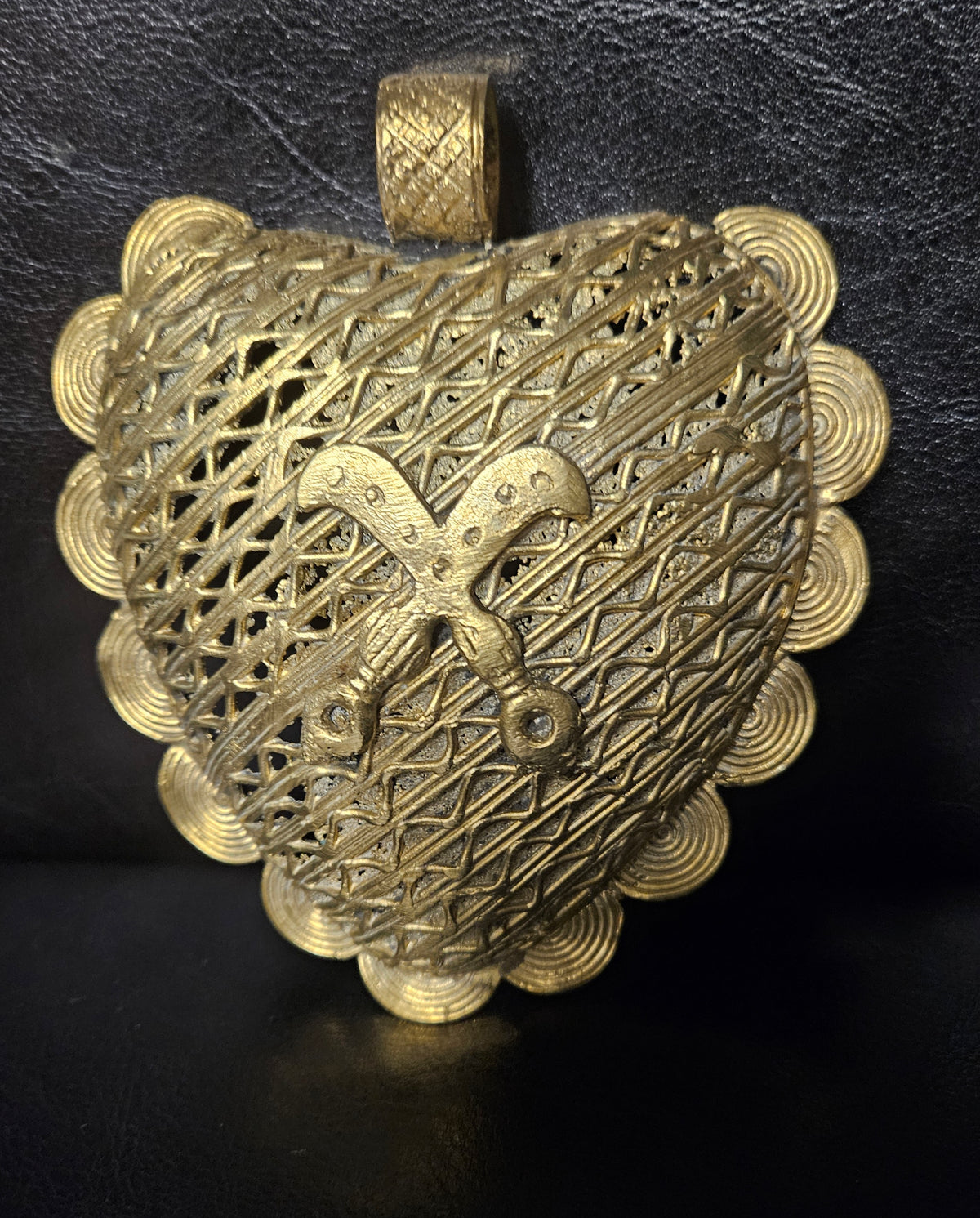 Large Akofena Ghana Brass Statement Pendant – Woven Geometric Focal