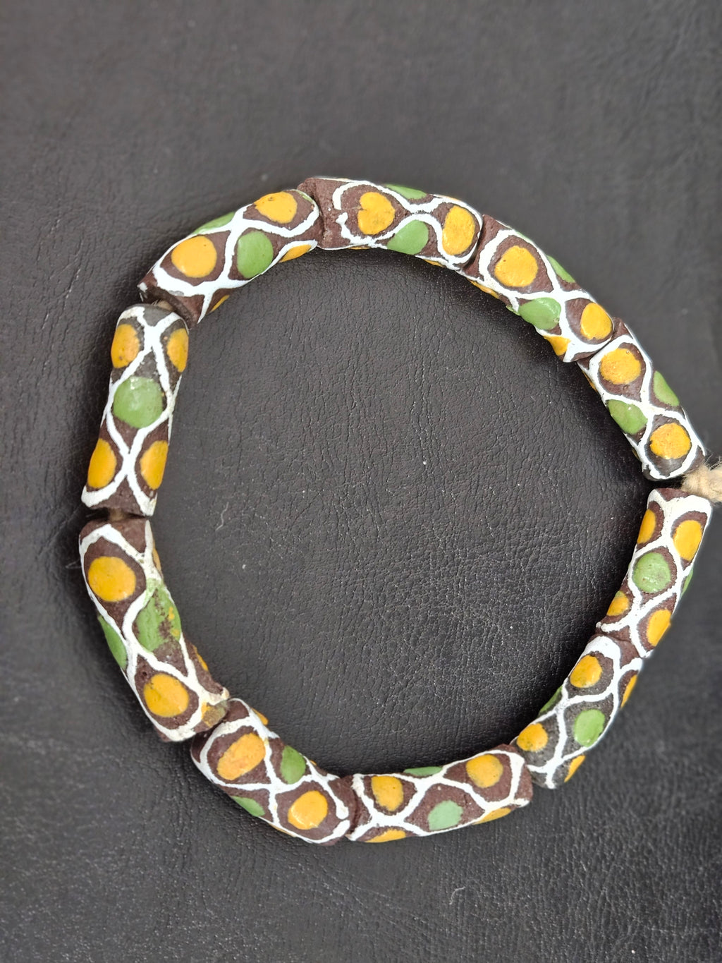 Chocolate Brown Krobo Painted Glass Tube Beads with Golden Yellow & Leaf Green Mosaic Motifs | Handcrafted Recycled Glass from Ghana