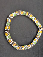 Chocolate Brown Krobo Painted Glass Tube Beads with Golden Yellow & Leaf Green Mosaic Motifs | Handcrafted Recycled Glass from Ghana