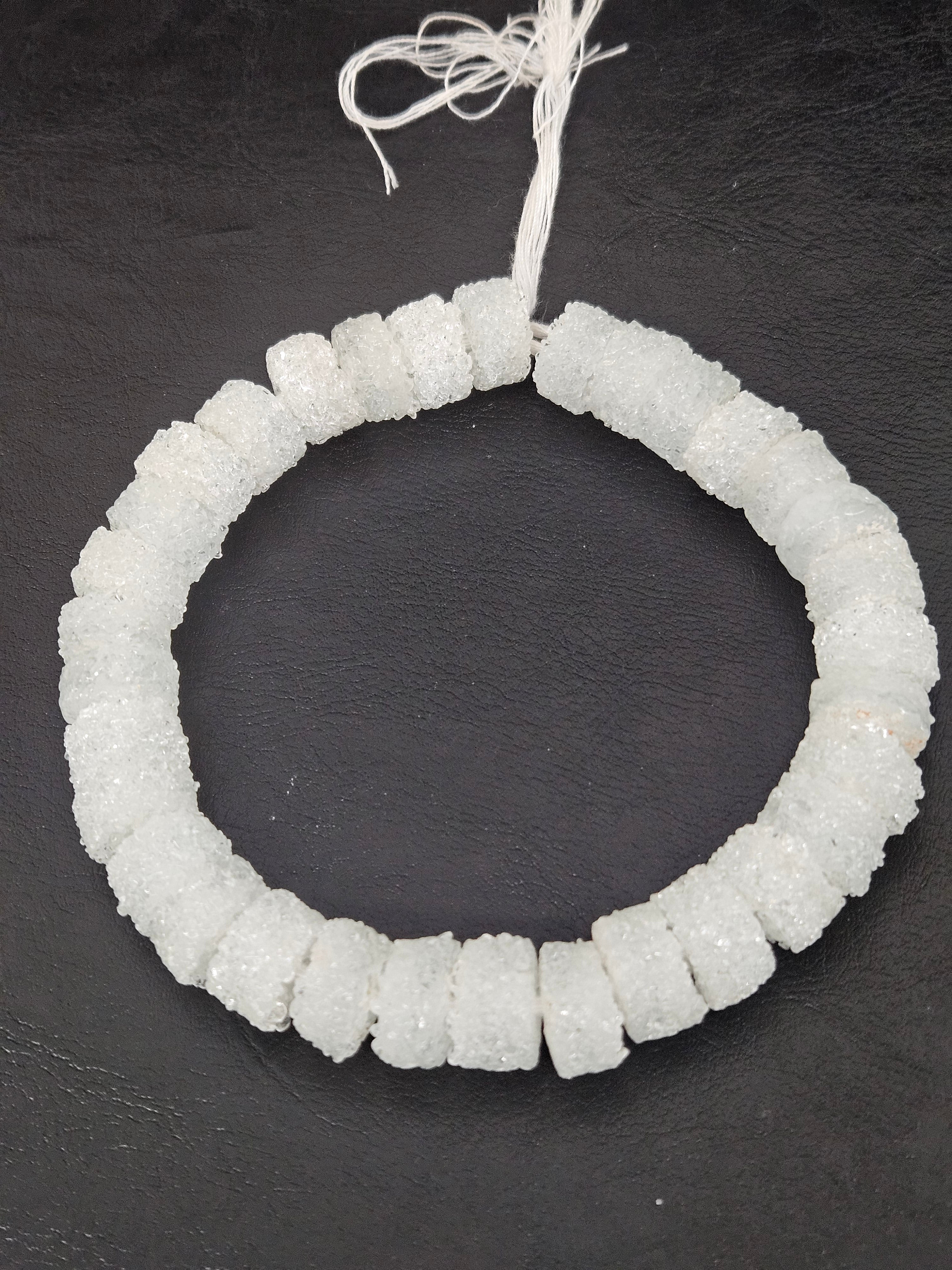 White Krobo Sugar Glass Short Tube Beads | Handcrafted Recycled Glass Beads from Ghana | Approx. 32 Beads Per Strand