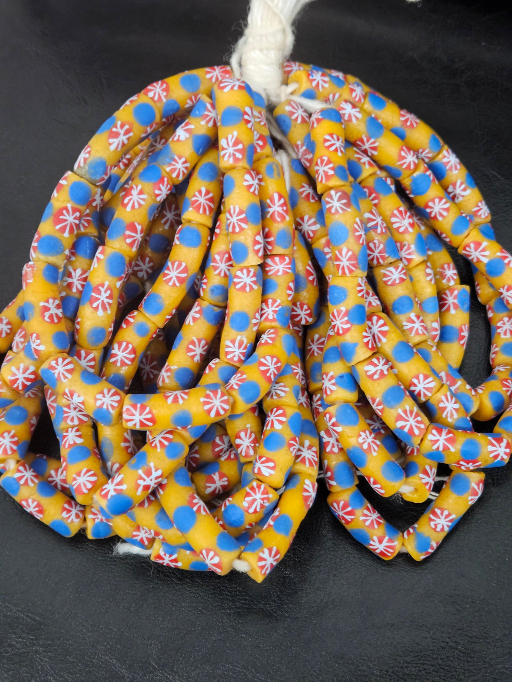 Golden Yellow Krobo Painted Glass Tube Beads with Royal Blue & Coral Red Floral Motifs | Handcrafted Recycled Glass from Ghana
