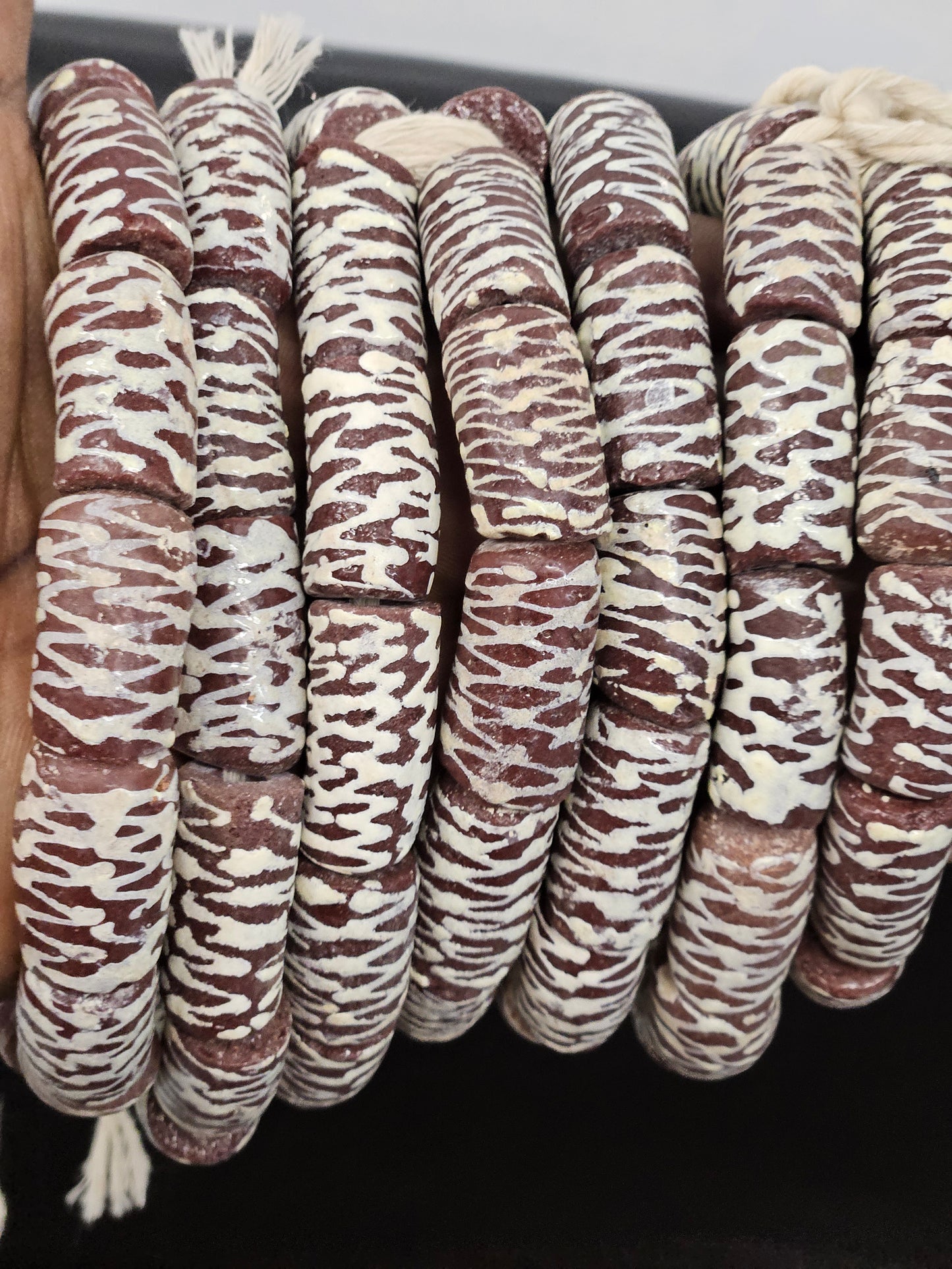 Handcrafted Krobo Painted Recycled Glass Beads – African Brown Tube Beads with Cream Zigzag Patterns (17–18mm × 28–30mm)